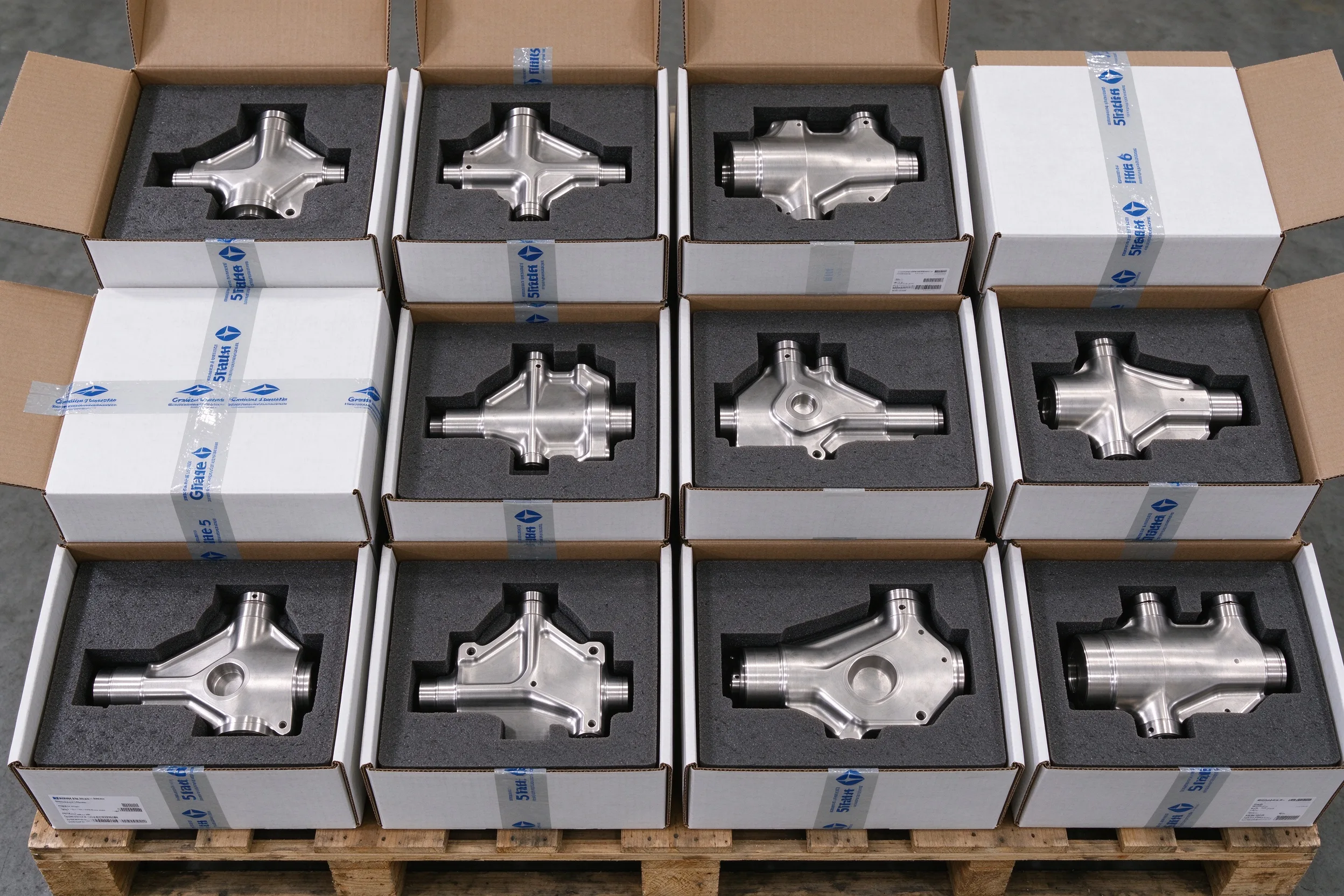 Stack of custom-printed titanium parts boxes with brand tape and foam inserts