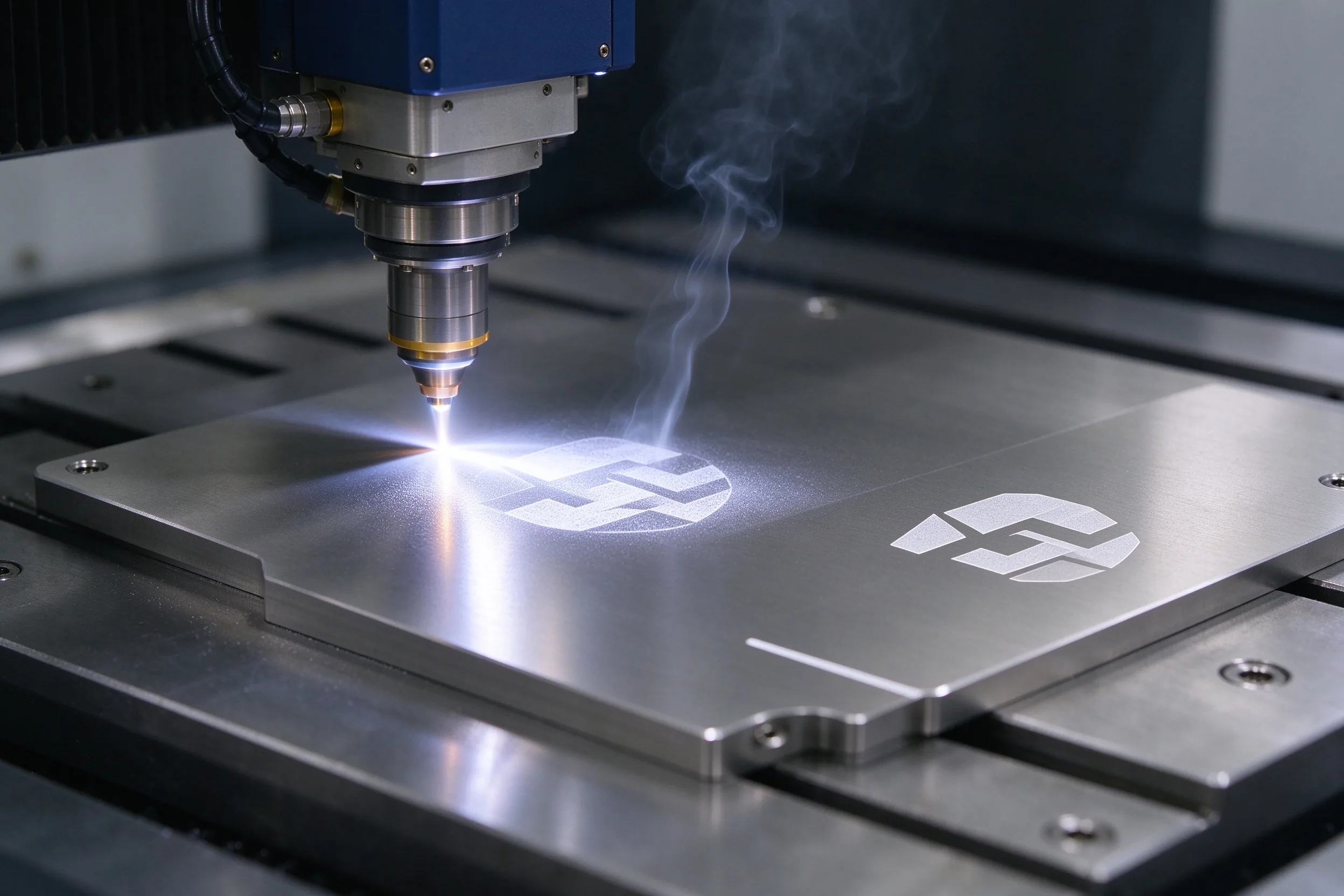Fiber-laser engraving a corporate logo on a titanium plate, white etching visible