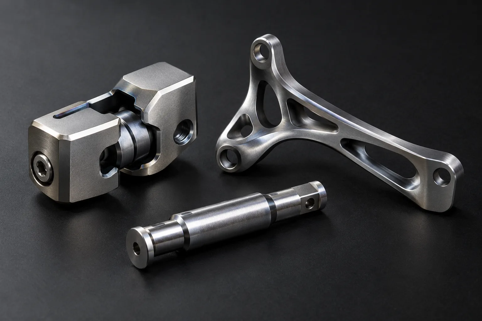 Grade 5 titanium concealed structural connector and locking extension pin machined to a mirror edge finish, arranged on a dark studio surface