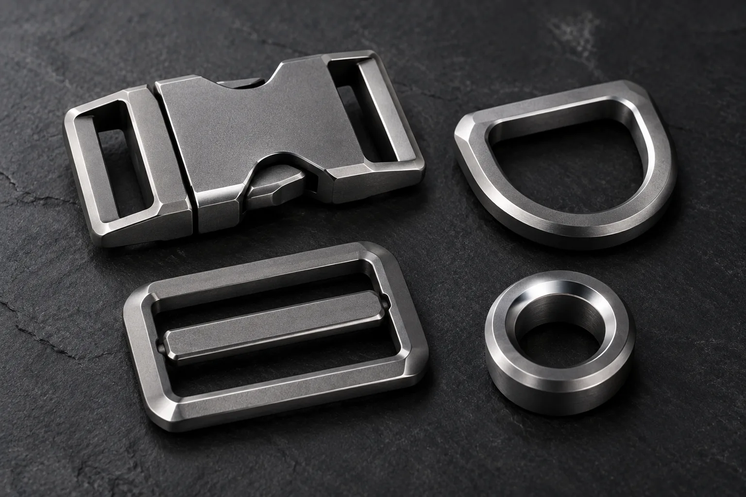 Micro-machined Grade 5 titanium buckle, D-ring and clasp set with satin bead-blasted finish, Type II anodized deep grey colour
