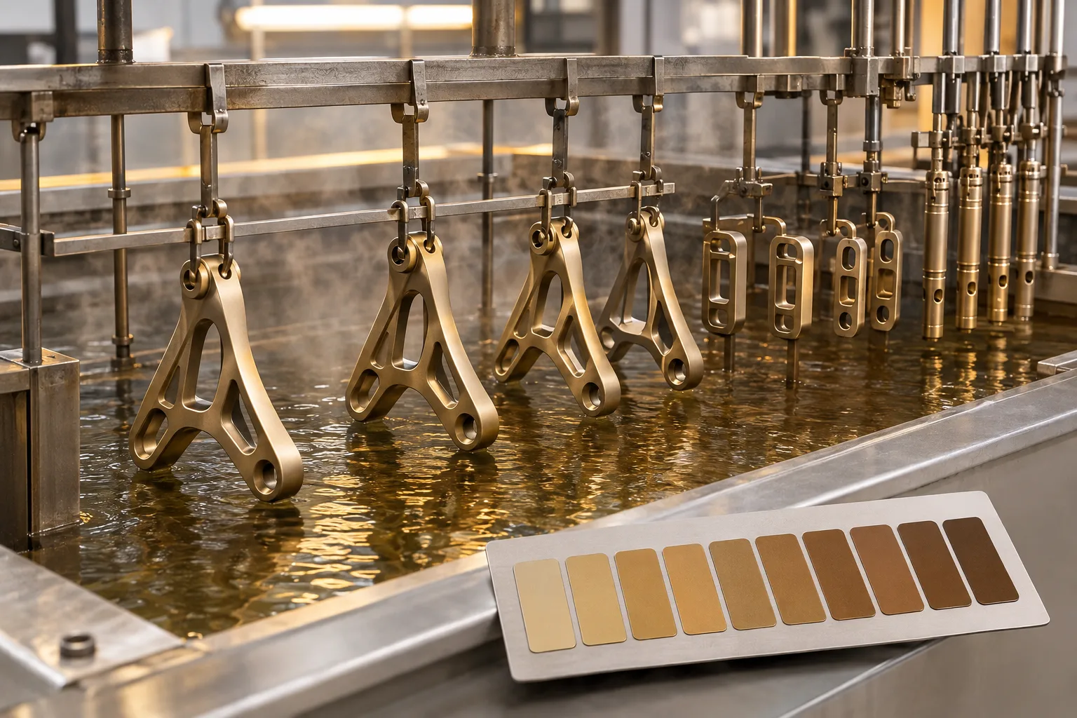 Type II anodizing bath with titanium parts on titanium racks, uniform champagne-gold oxide colour across a graded colour sample series