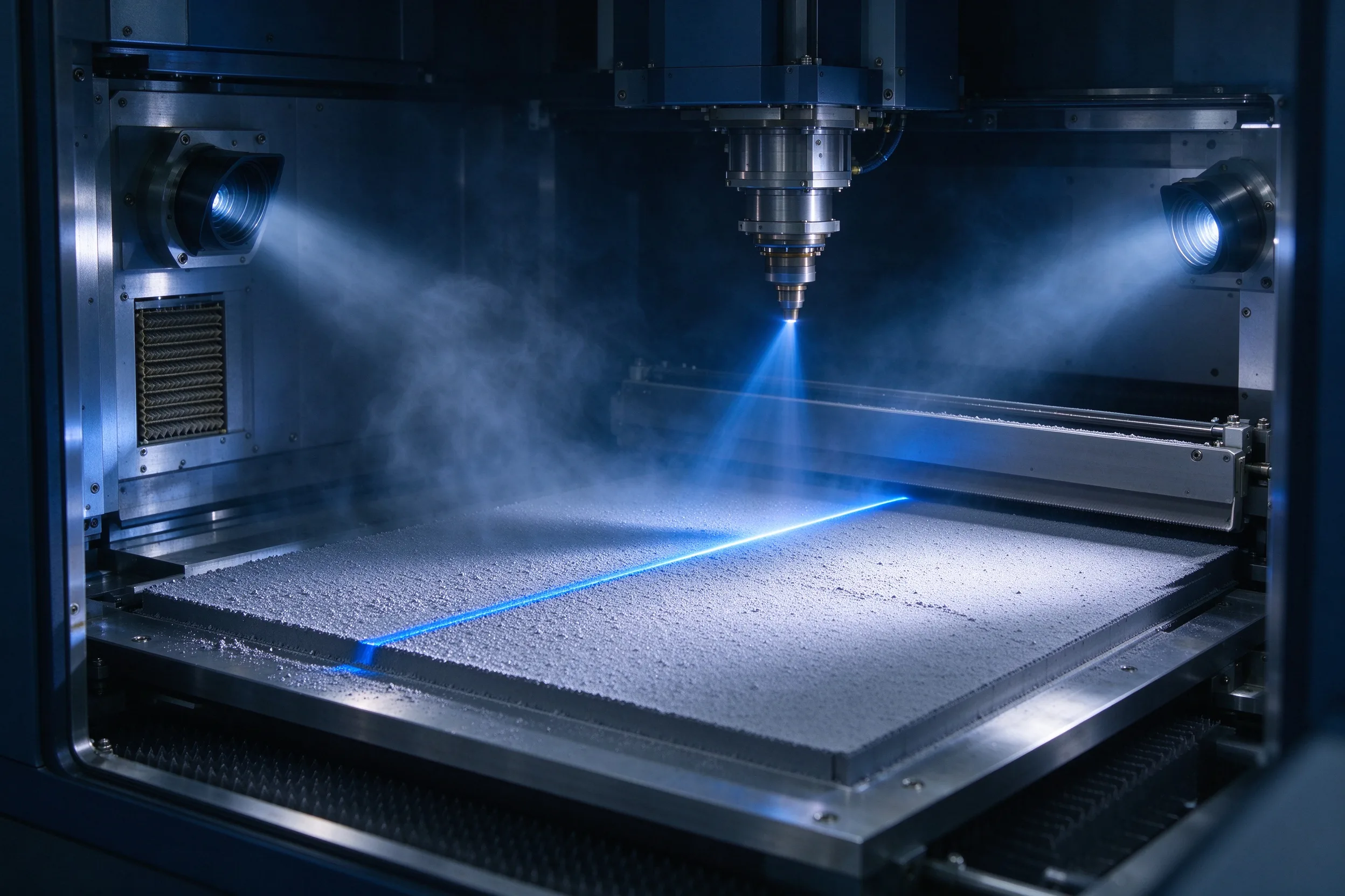 Inside an SLM build chamber, Ti-6Al-4V powder bed with a blue laser trace mid-melt