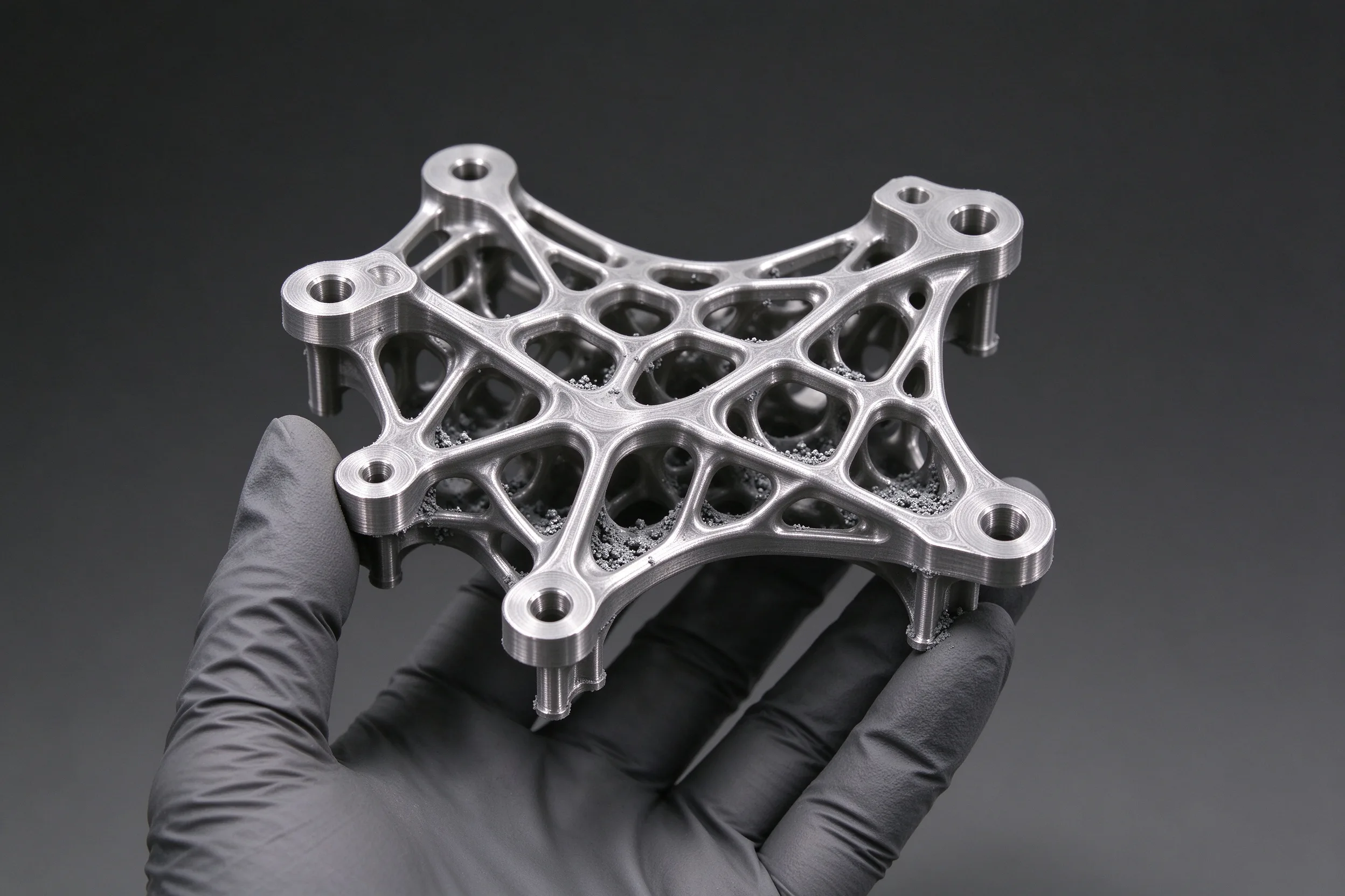 Engineer holding a freshly 3D-printed titanium lattice prototype, unpowdered and supports still attached