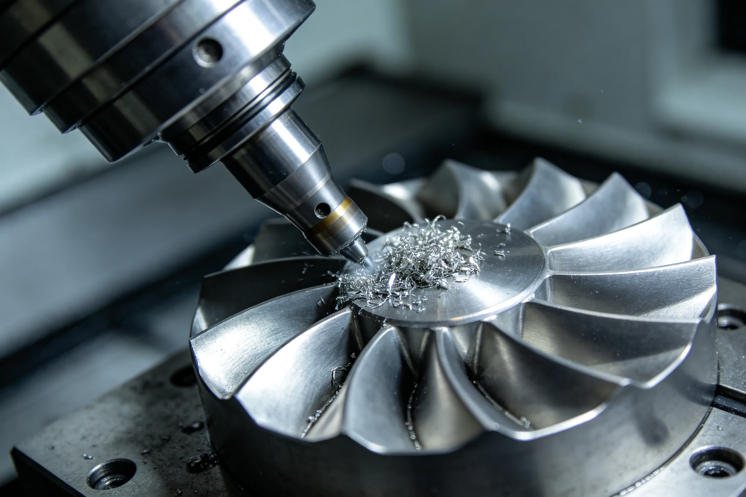 Five-axis machined Grade 5 Ti-6Al-4V seawater pump impeller geometry, showing the contoured blade surfaces machined in a single five-axis setup for cavitation service