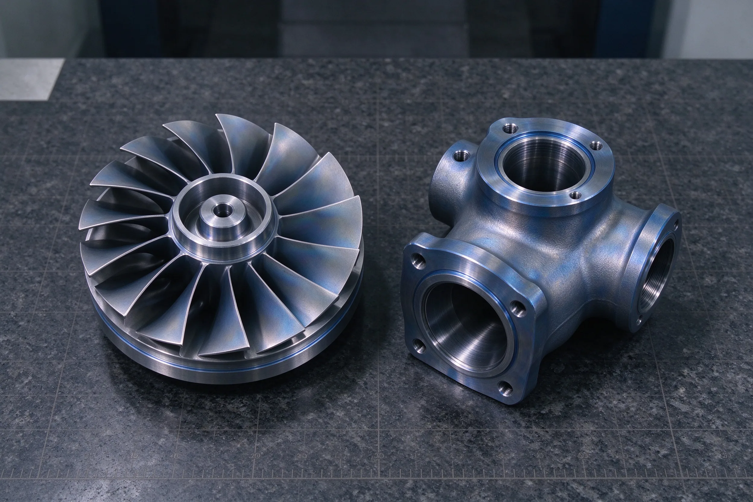 Precision machined titanium components for below-the-waterline service, showing the machined flange faces and sealing bores used on seacocks and through-hull fittings
