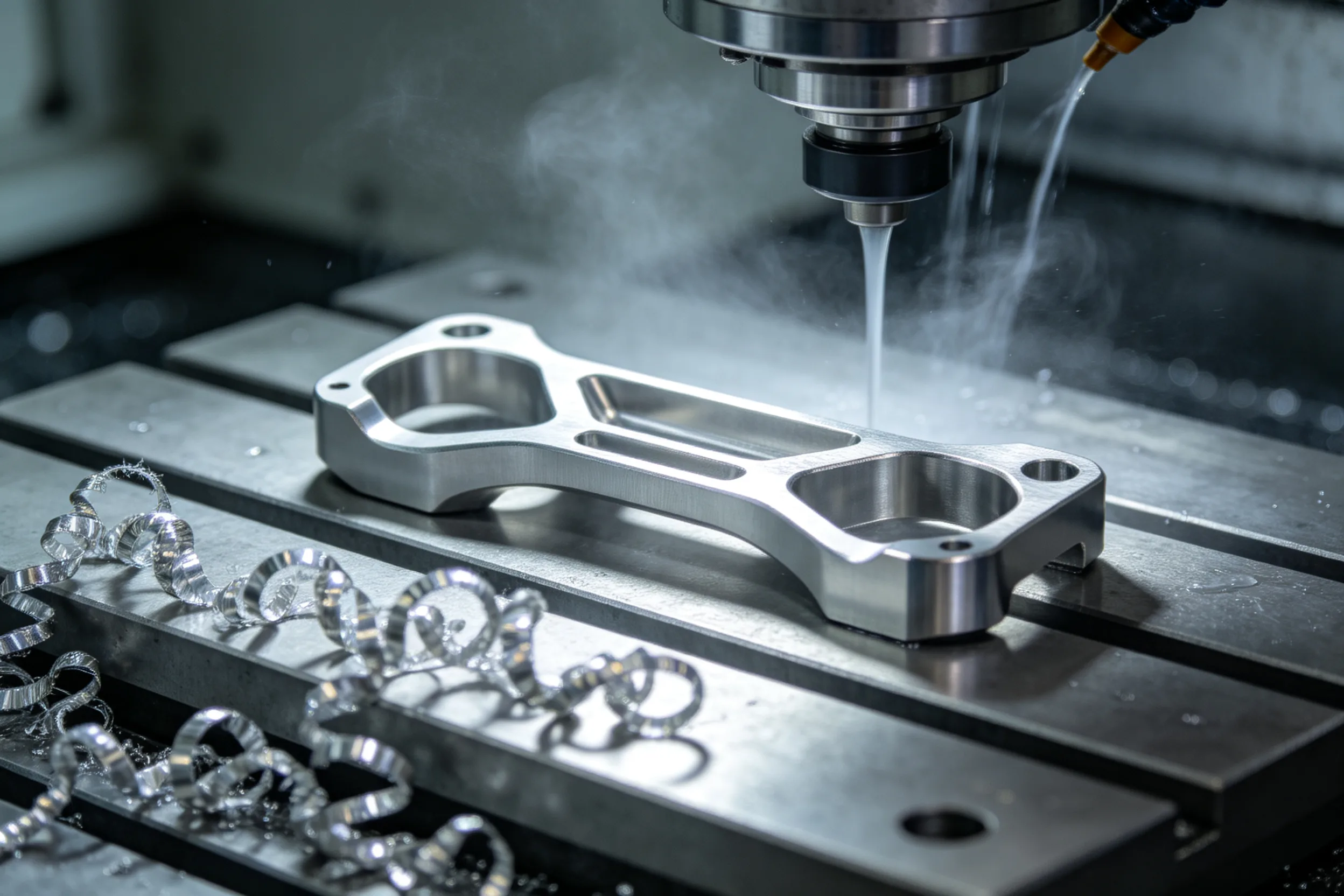 Grade 5 Ti-6Al-4V aerospace bracket machined on a 5-axis CNC center, bright silver swarf, fine coolant mist