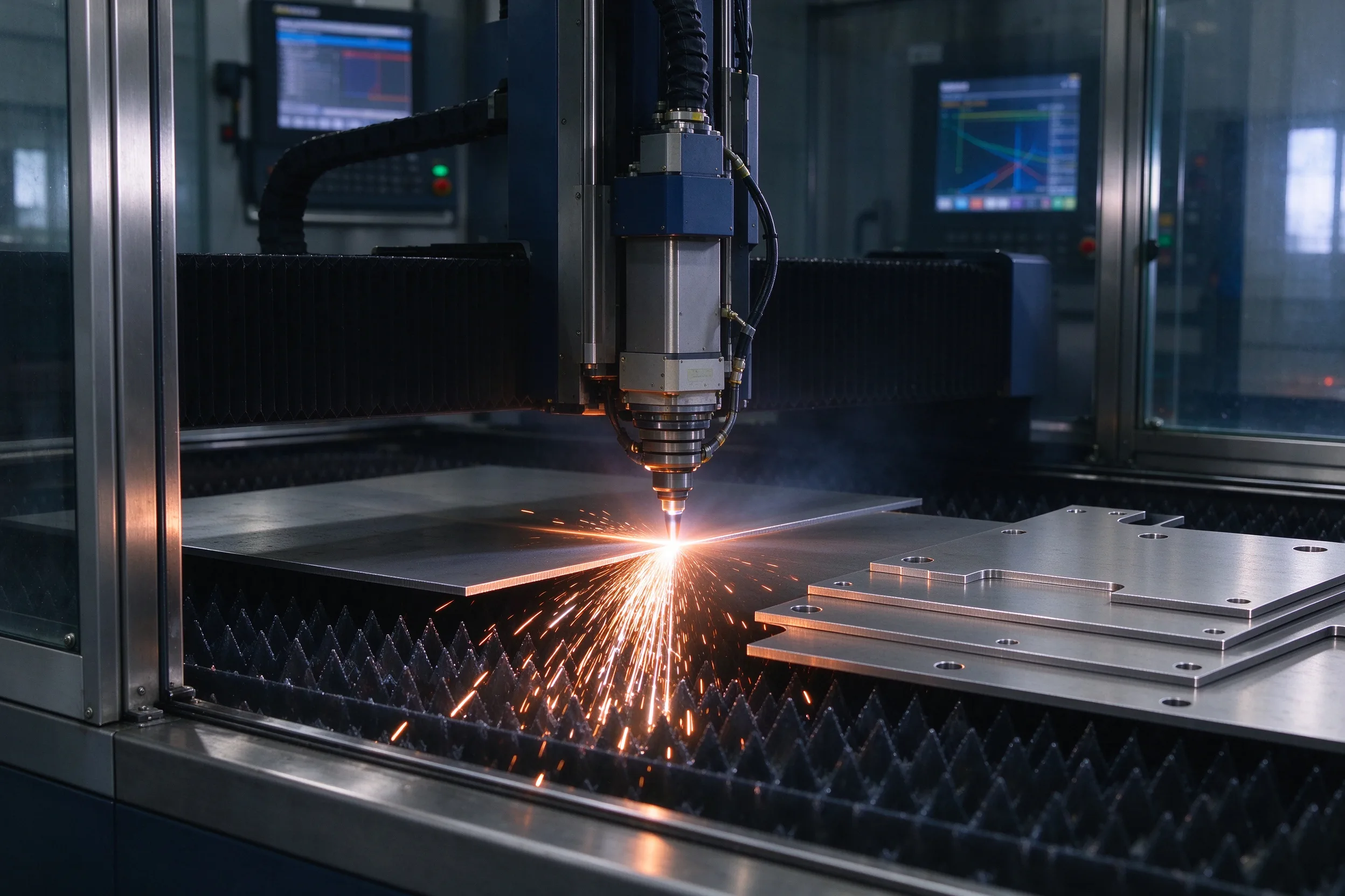 Fiber-laser cutting a titanium plate, bright kerf sparks, finished cut parts stacked beside