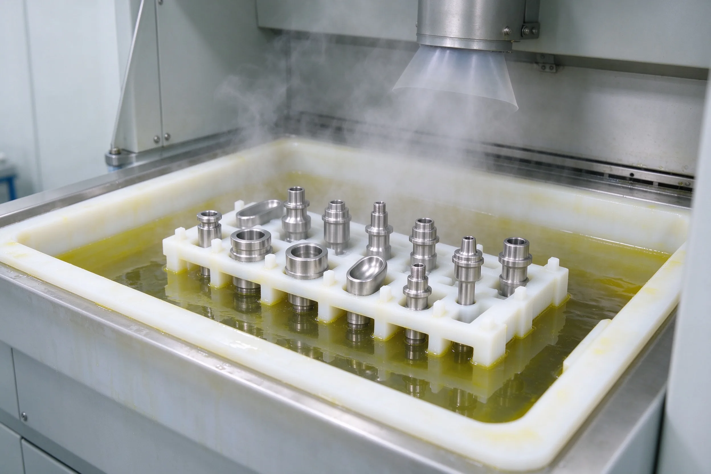 Titanium parts submerged in a nitric acid passivation tank under a fume hood