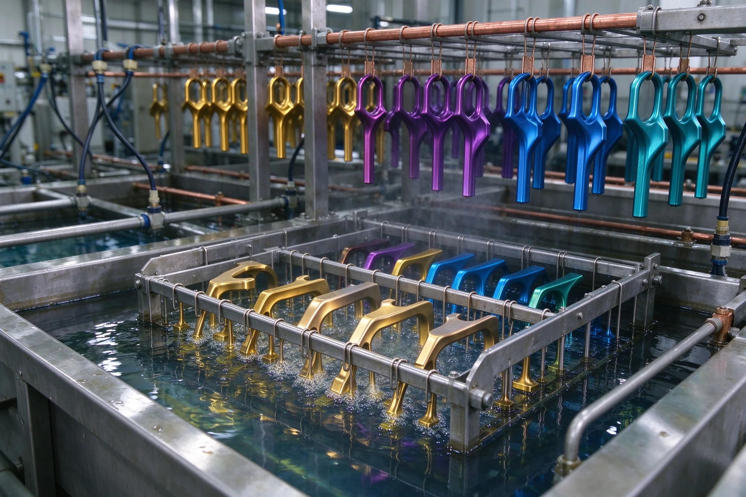 Anodizing bath of titanium parts, multi-color voltage-graded parts on a rack