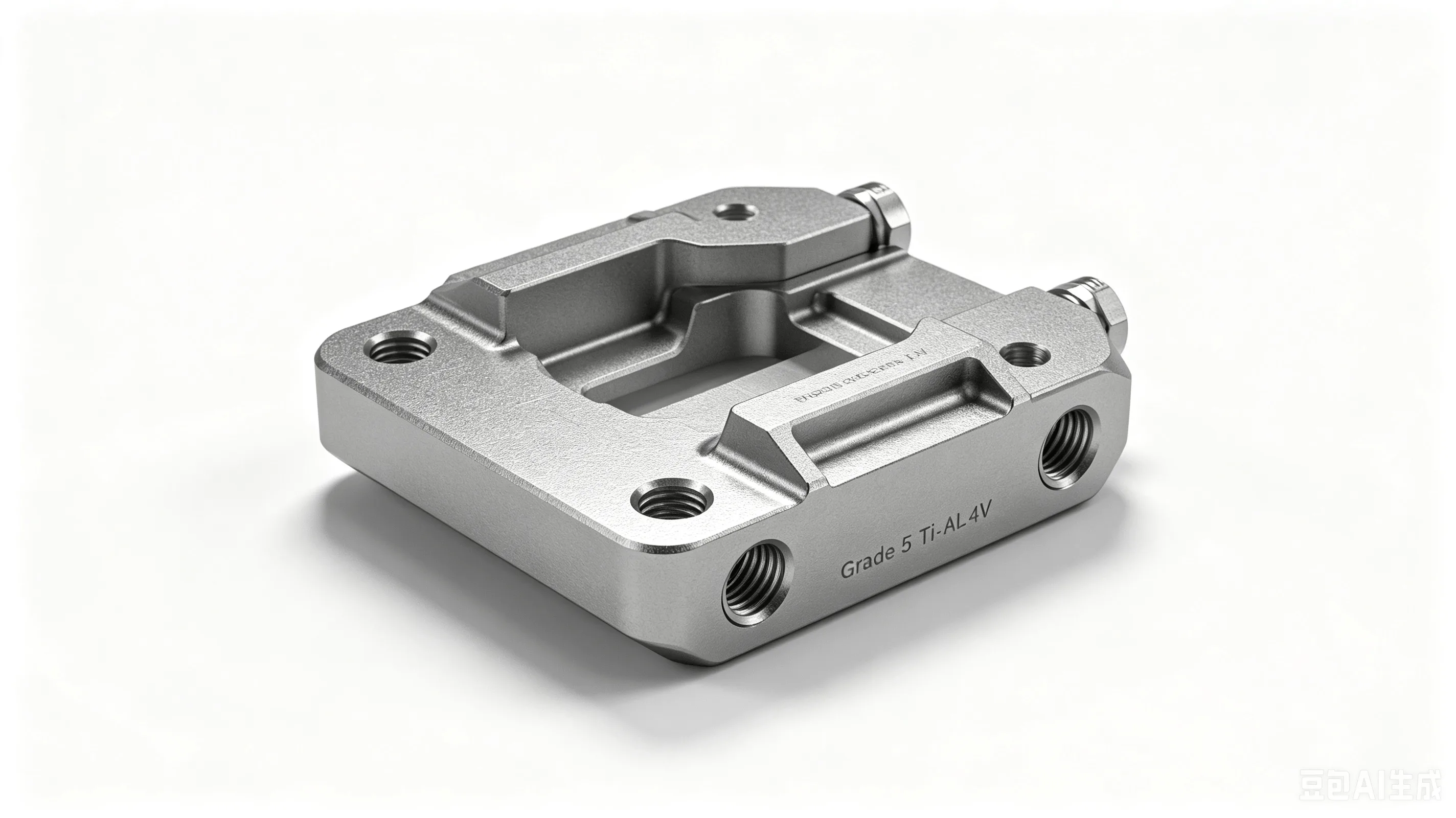 CNC milled titanium flat-mount brake adapter with machined pockets and bolt pattern