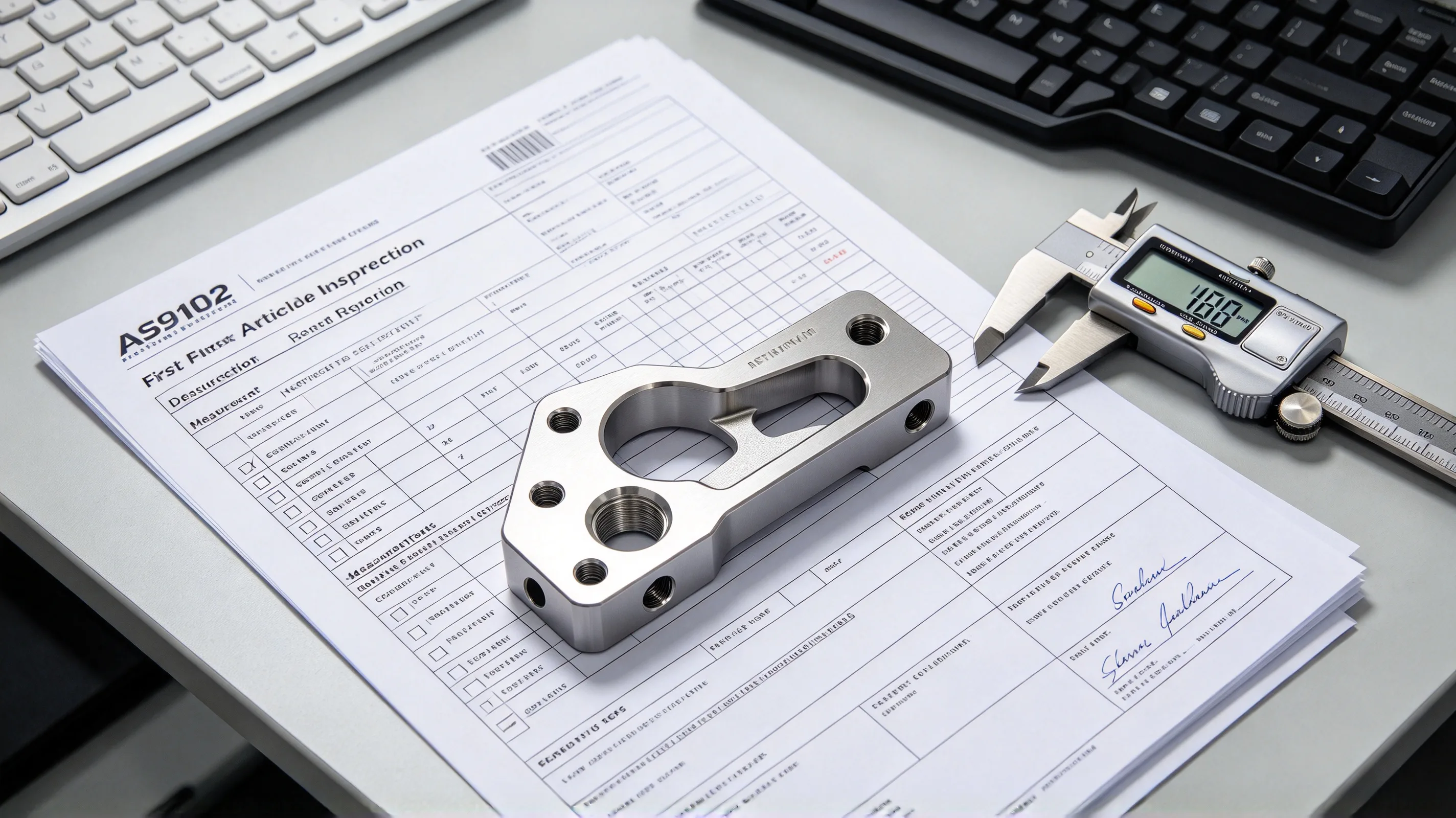 PLACEHOLDER — AS9102 first article inspection report on a titanium aerospace part. To be replaced with the final image.