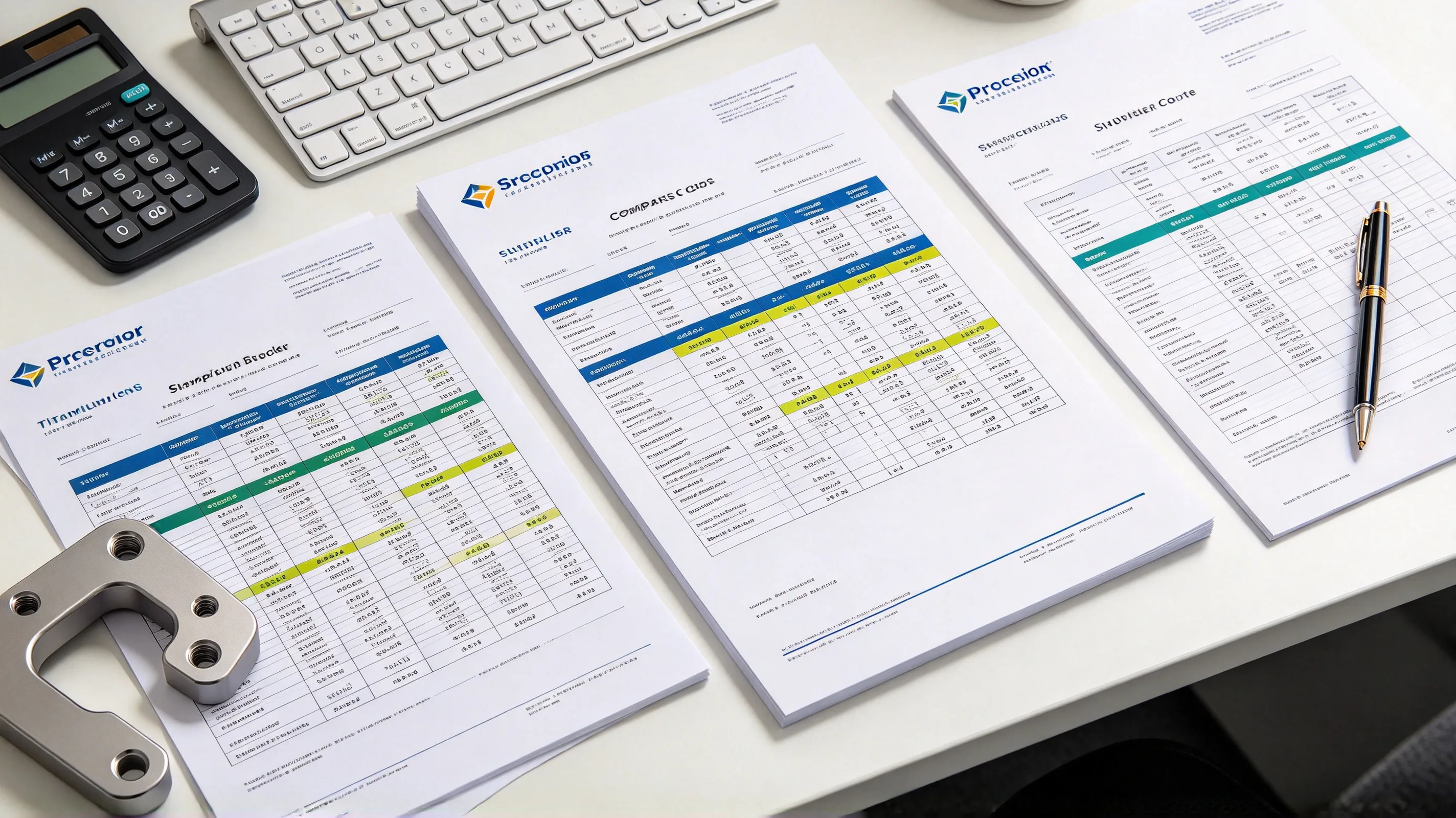 PLACEHOLDER — procurement desk with multiple titanium CNC quotes laid out for comparison. To be replaced with the final image.