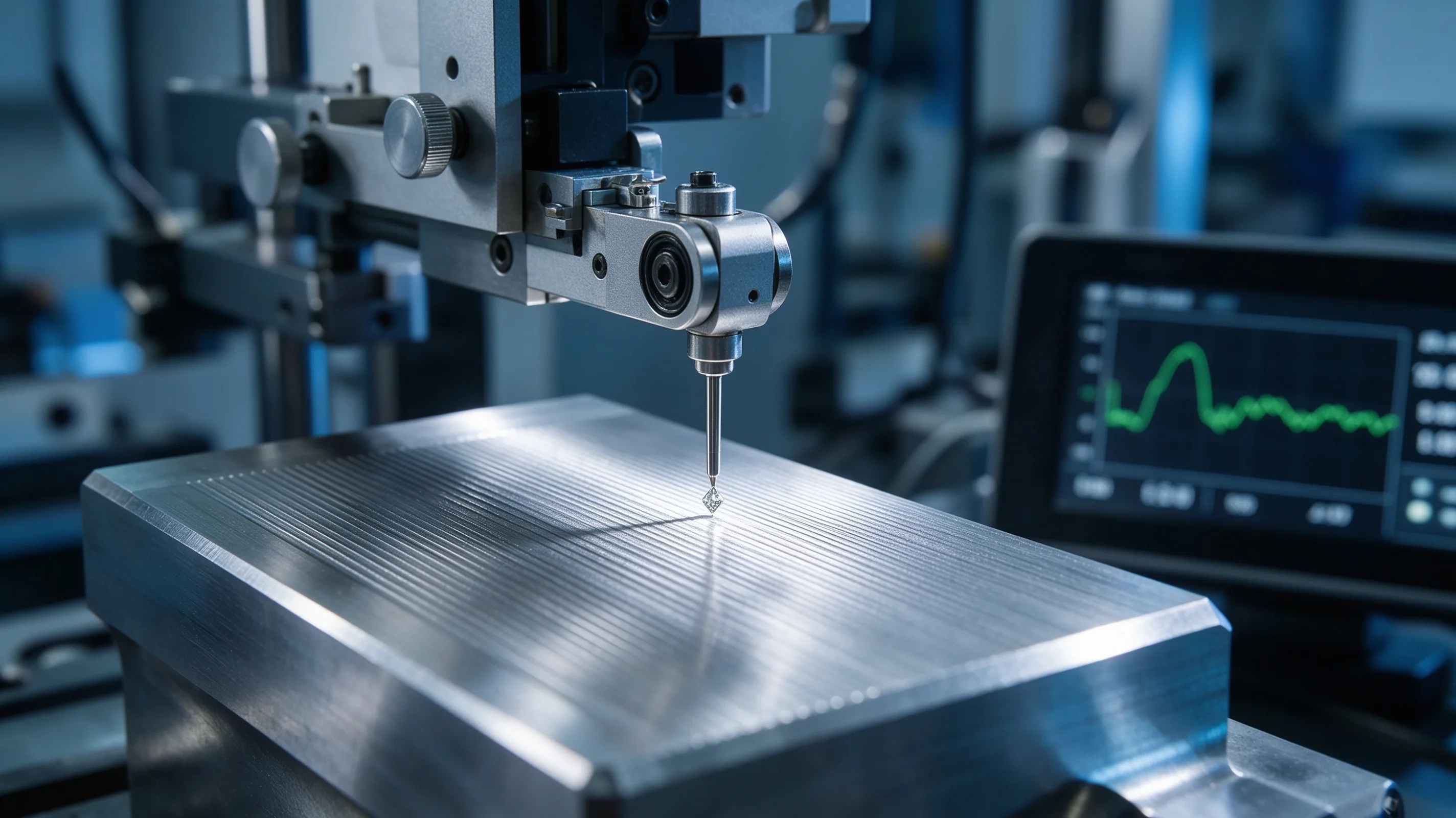 PLACEHOLDER — surface roughness measurement on a titanium CNC machined part with a profilometer. To be replaced with the final image.