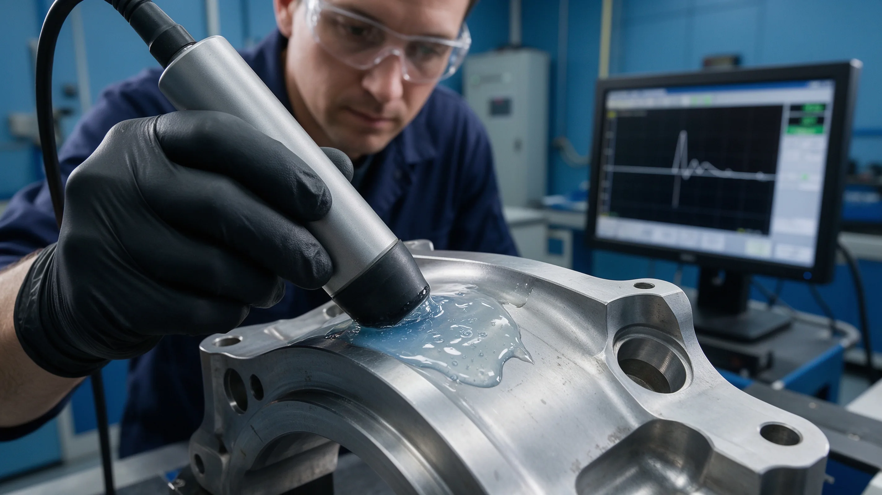 PLACEHOLDER — NDT technician performing ultrasonic testing on a titanium aerospace part. To be replaced with the final image.