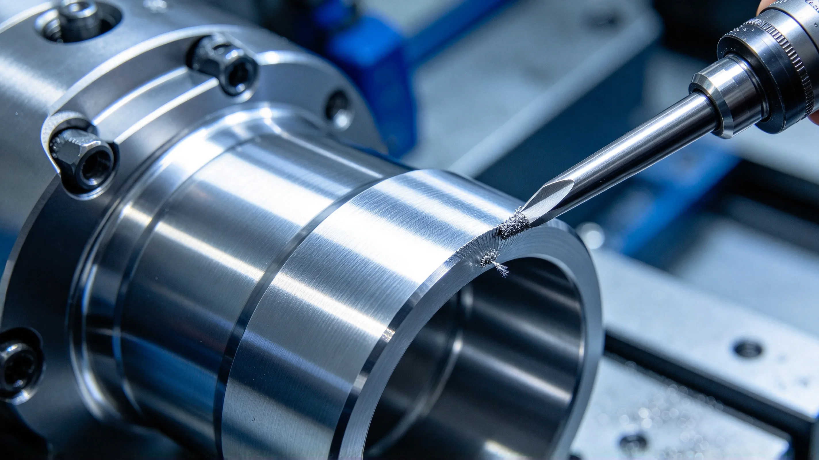 PLACEHOLDER — close-up of burr formation on the edge of a titanium CNC machined part. To be replaced with the final image.
