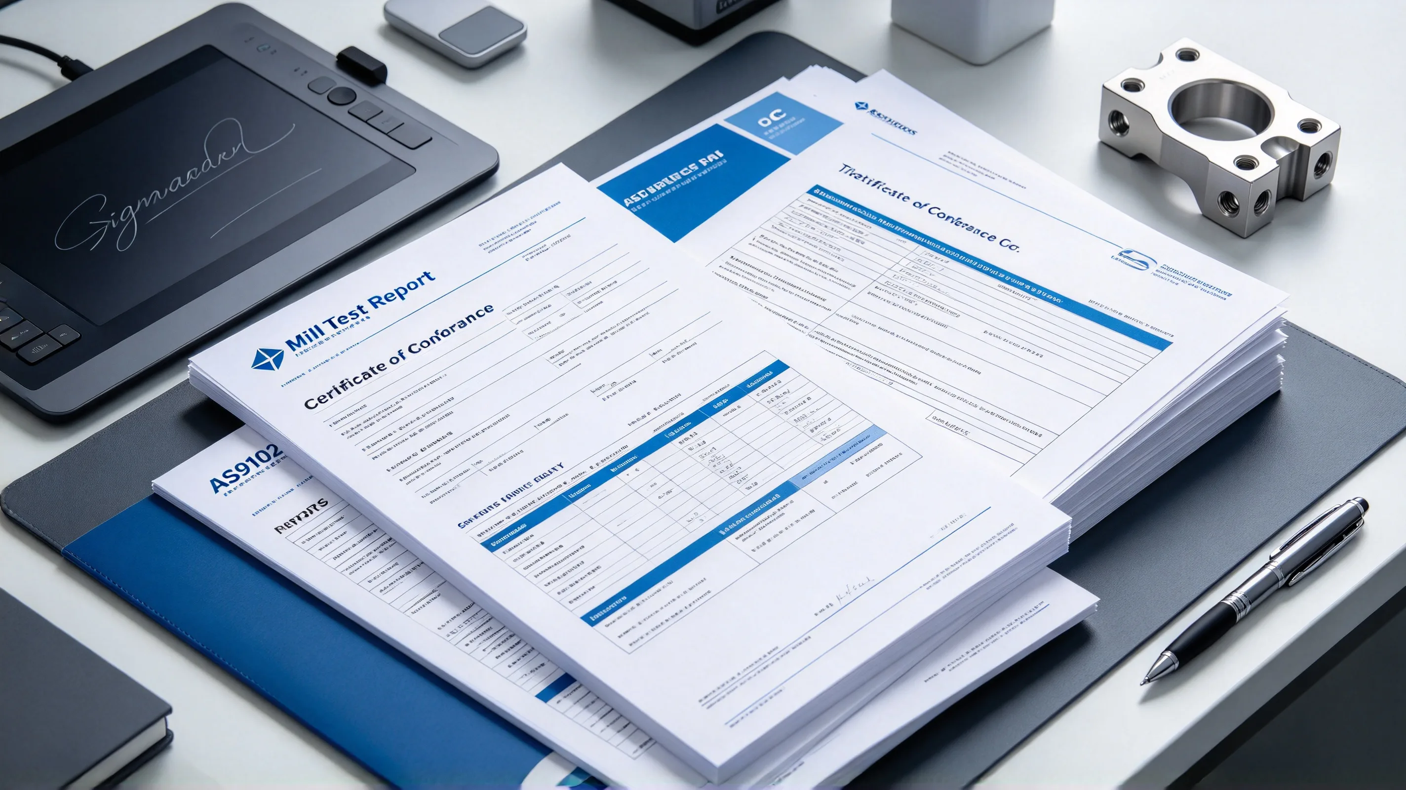 PLACEHOLDER — titanium quality documentation package showing MTR, CoC, and AS9102 FAI report stacked on a desk. To be replaced with the final image.