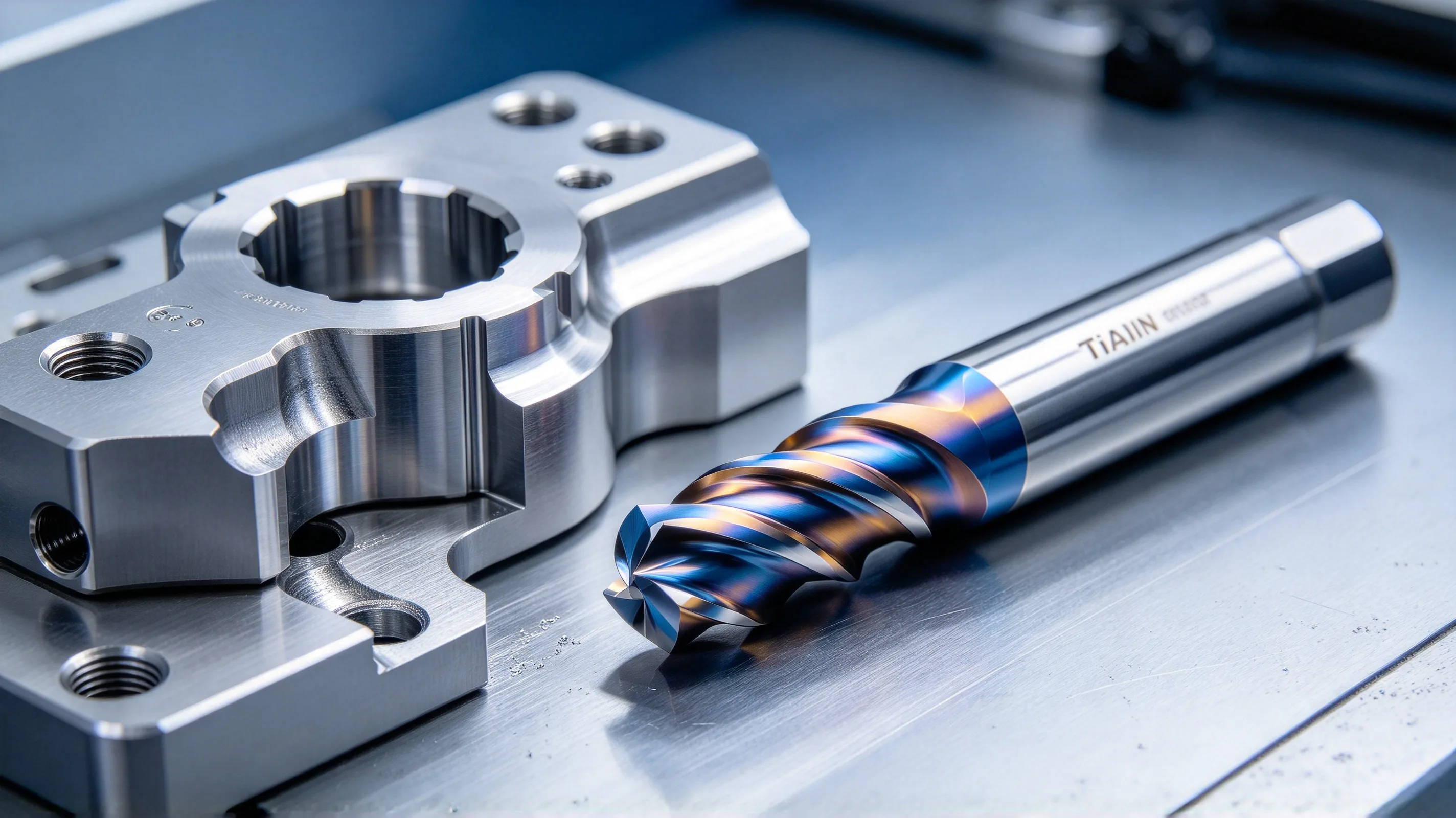 PLACEHOLDER — close-up of a coated carbide end mill engaged in a titanium part with chip evacuation visible. To be replaced with the final image.