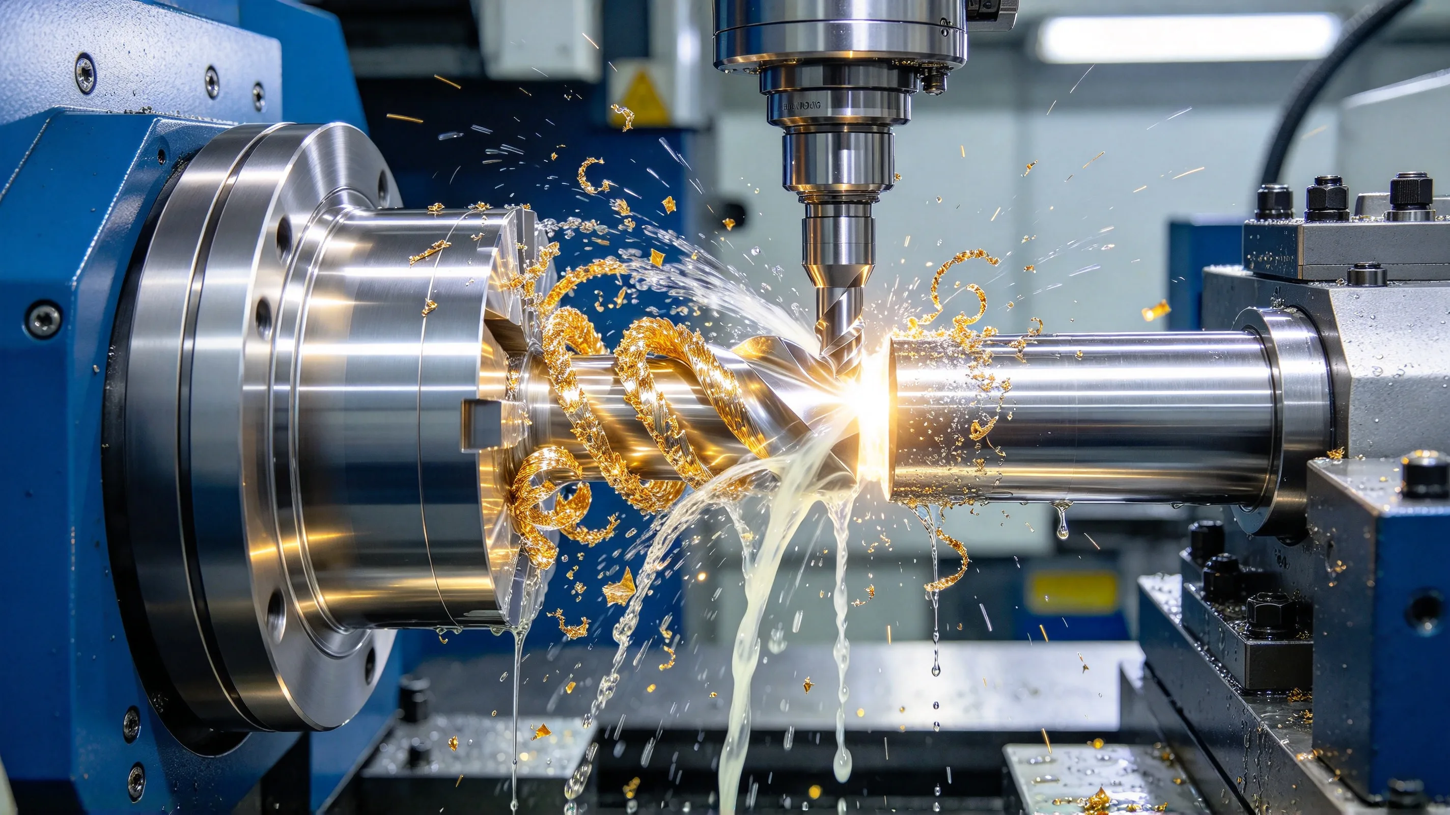PLACEHOLDER — CNC lathe turning a titanium aerospace shaft with insert engagement and chip formation. To be replaced with the final image.