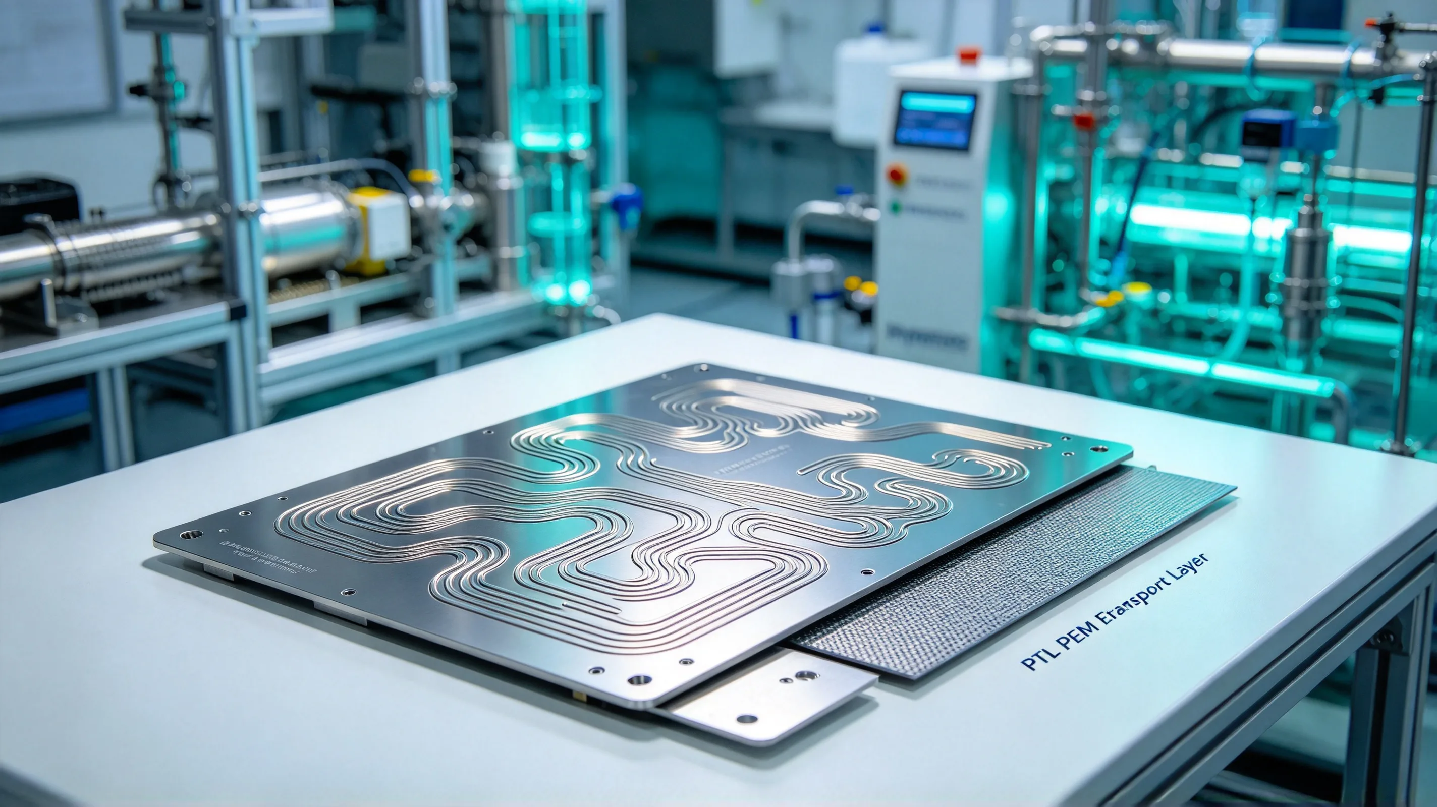 PLACEHOLDER — titanium bipolar plate and porous transport layer for PEM electrolyzer stack. To be replaced with the final image.