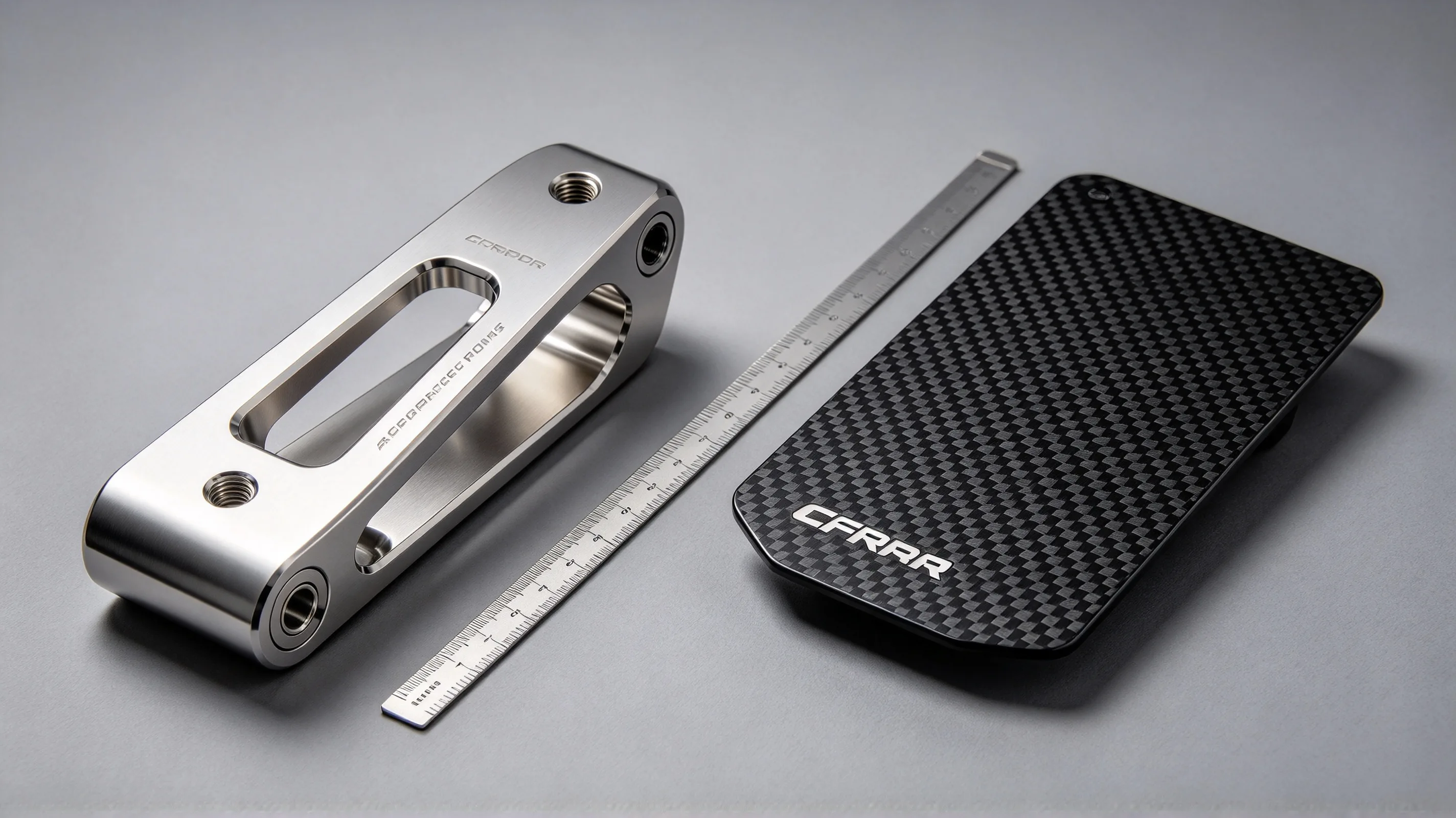 PLACEHOLDER — titanium bracket and CFRP composite panel side by side for material comparison. To be replaced with the final image.
