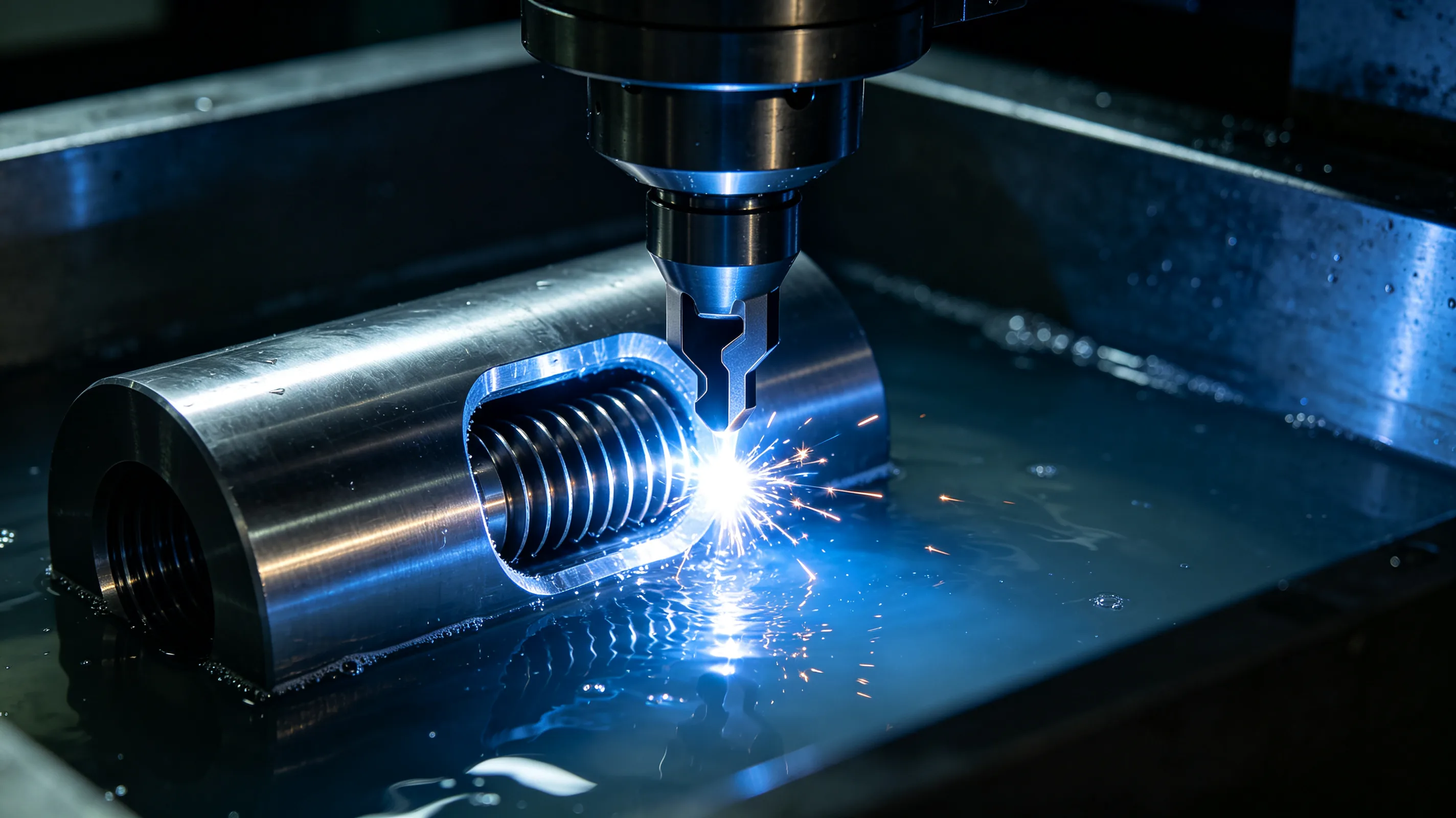 CNC machined titanium part next to an EDM machined titanium part showing different surface finishes