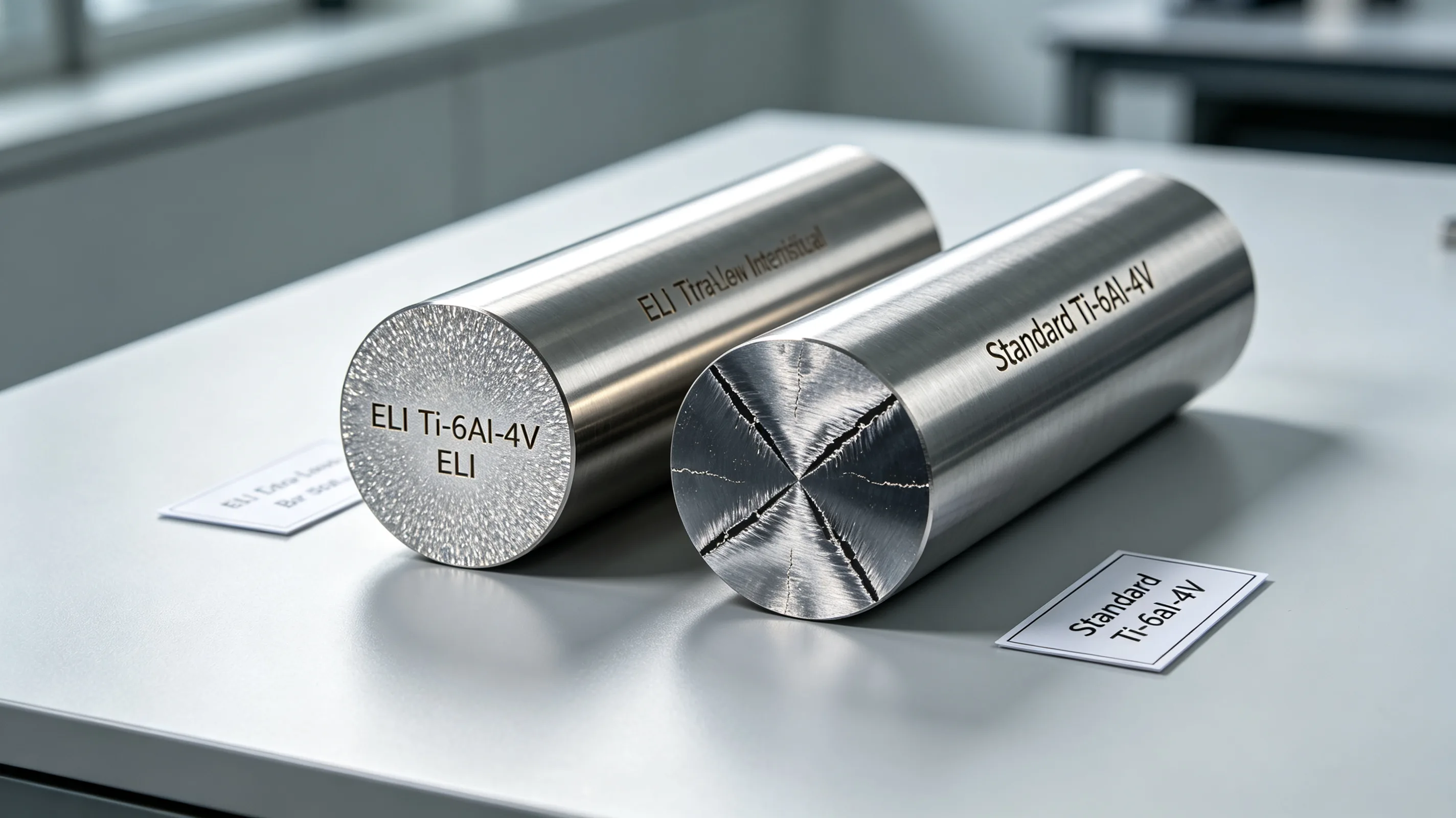 Side-by-side comparison of ELI and standard titanium alloy bar stock showing identification markings