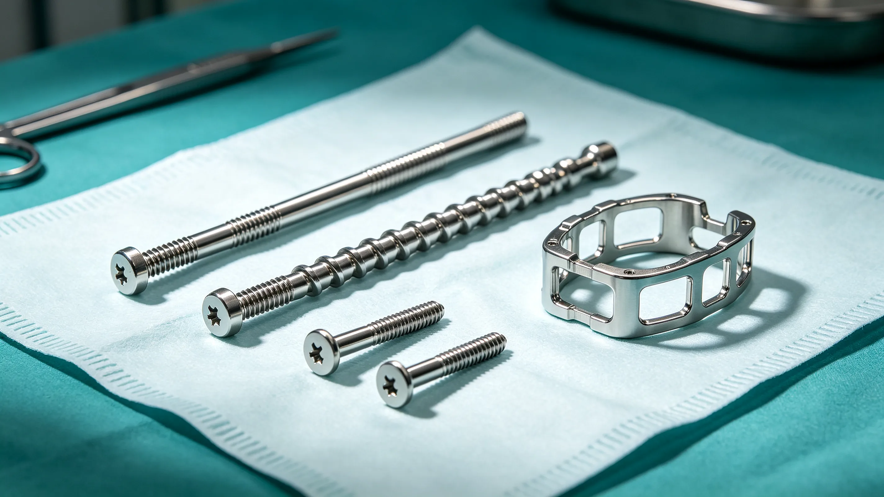 Grade 23 Ti-6Al-4V ELI spinal implant components — pedicle screws, spinal rods, and interbody cage
