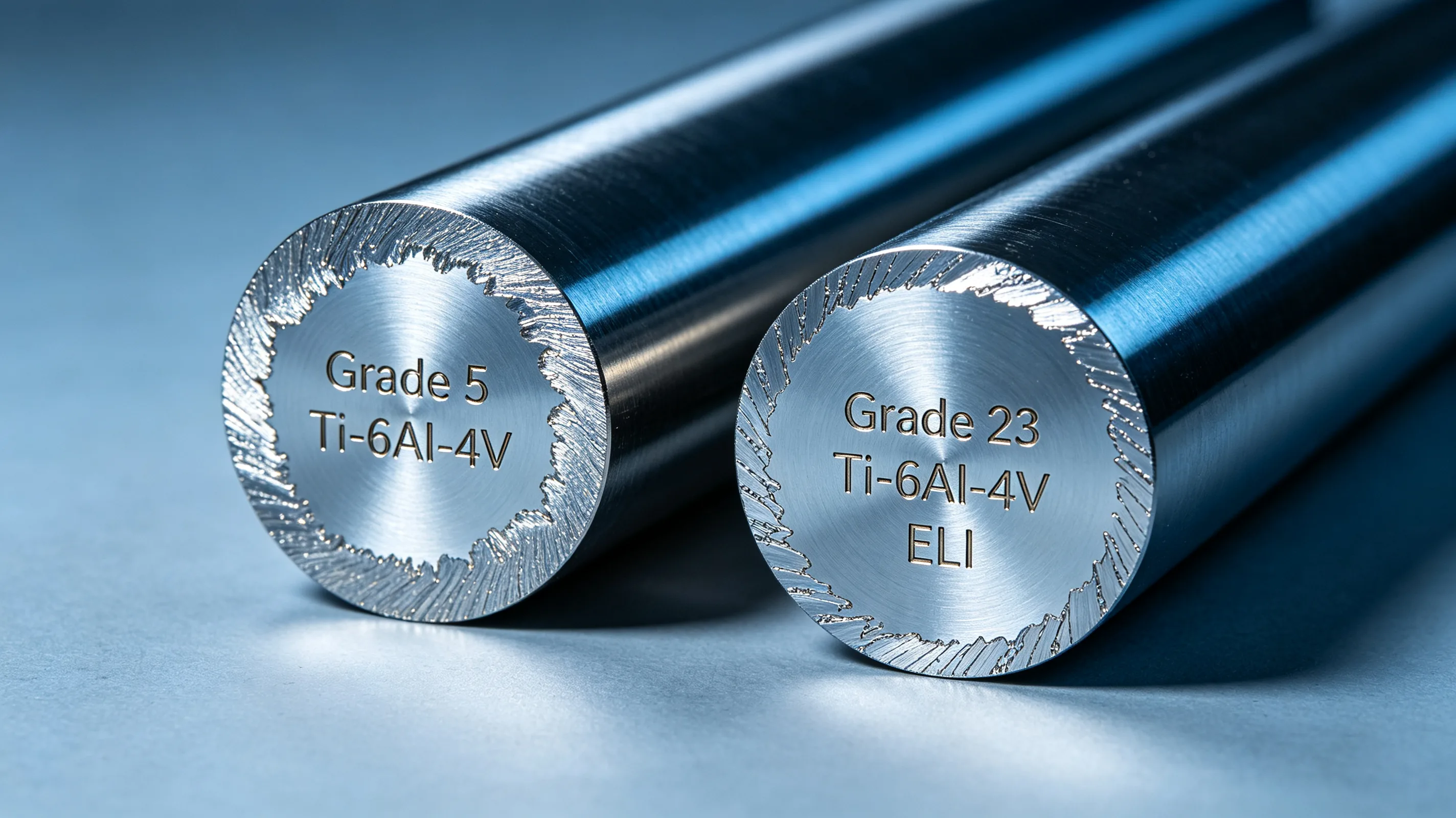 Cross-section comparison of Grade 5 and Grade 23 titanium bar stock with visible surface identification marking