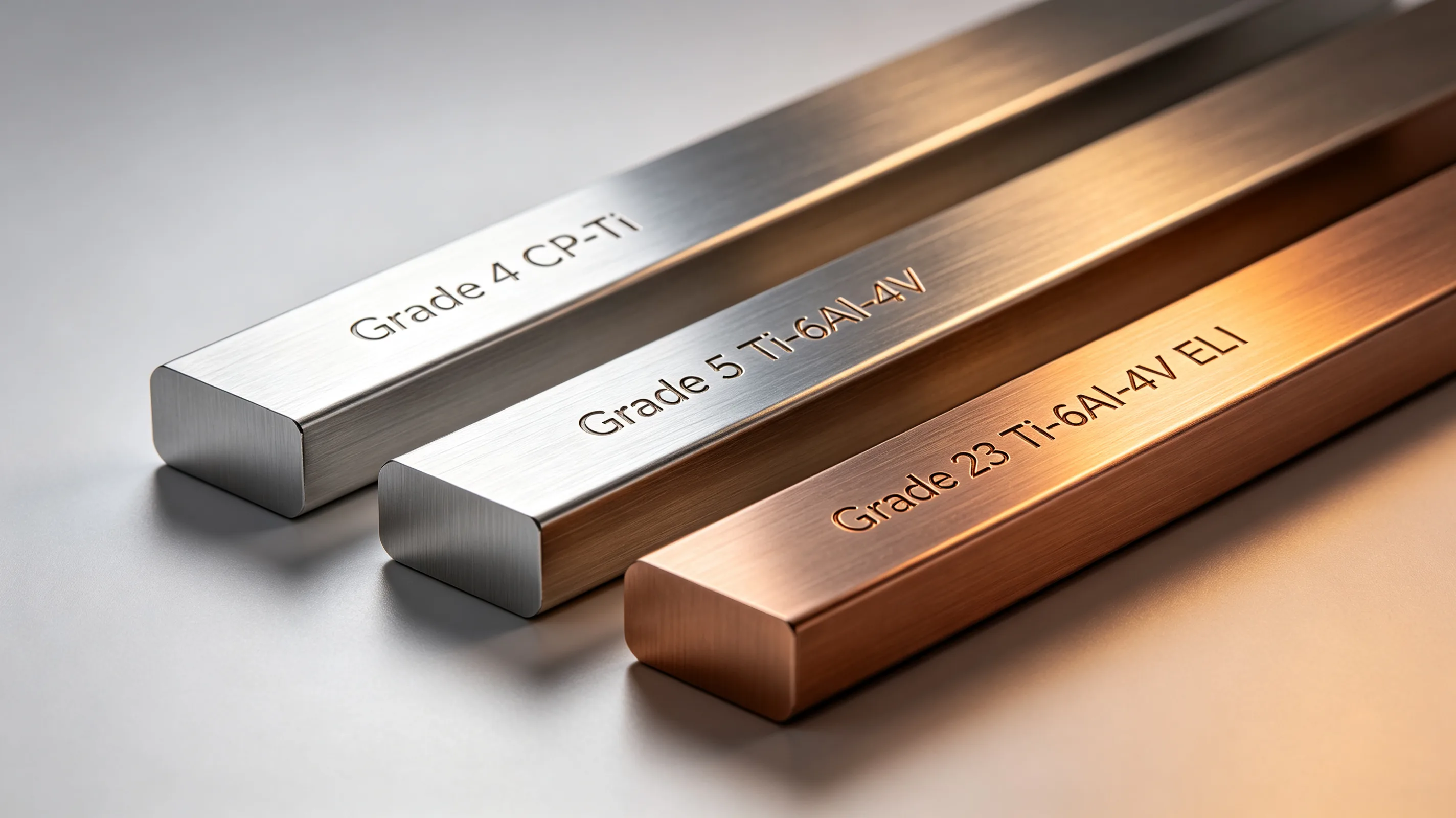Three titanium grade samples — Grade 4, Grade 5, and Grade 23 — arranged for comparison with visible identification markings