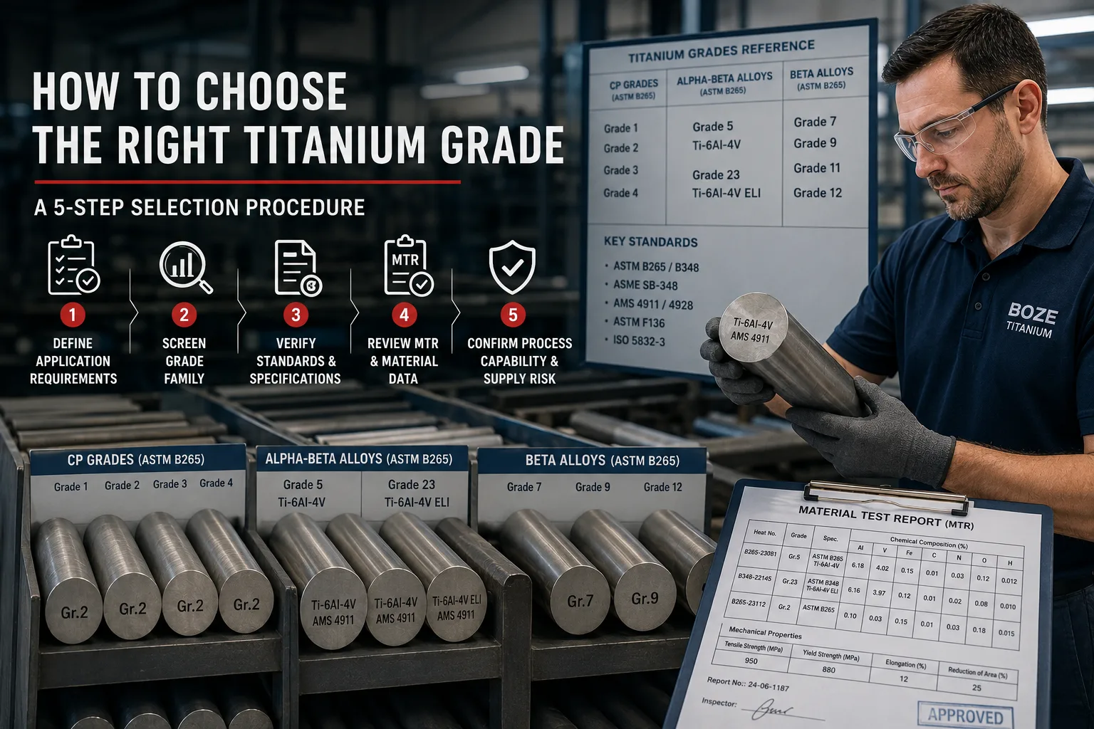 Engineer selecting titanium bar stock from a rack of CP, alpha-beta and beta alloys