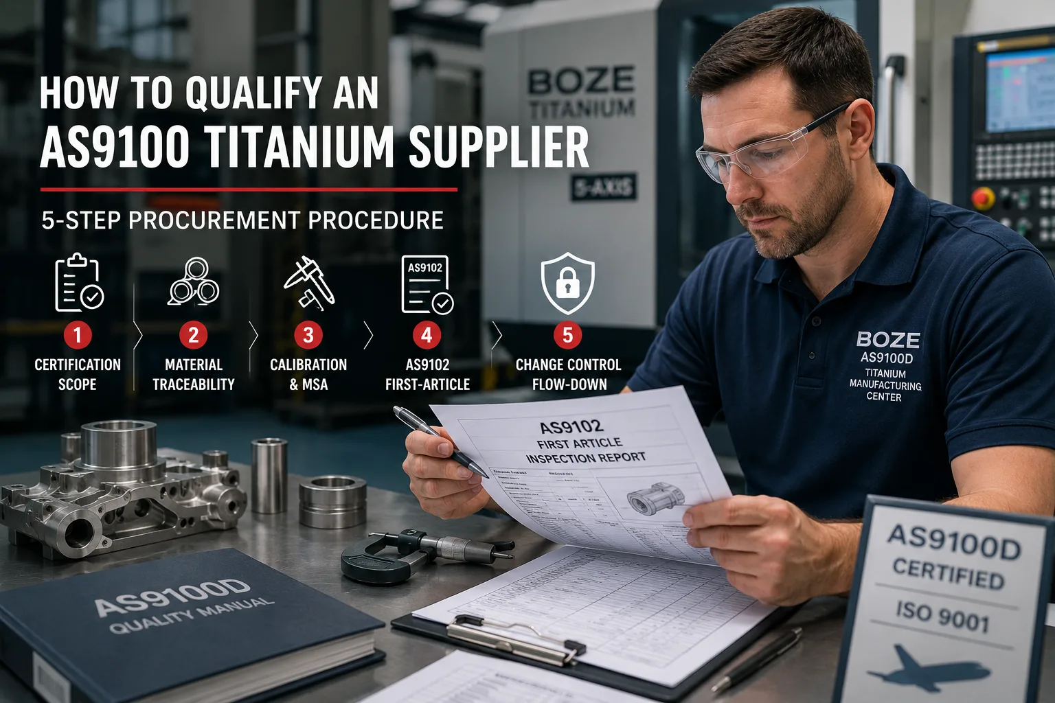 Quality manager auditing a titanium machining supplier's first-article inspection report