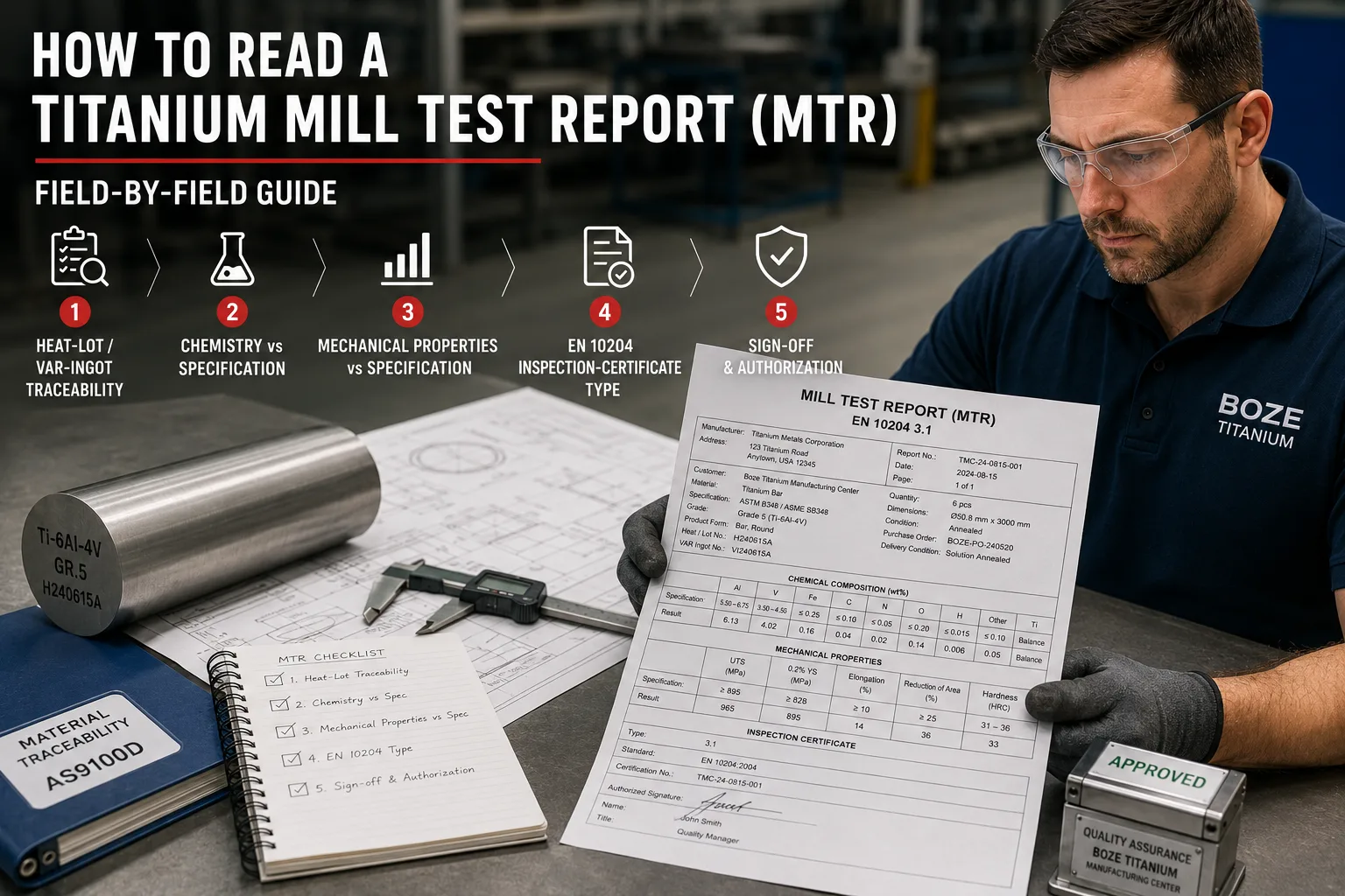 Quality inspector reviewing a titanium Mill Test Report against an engineering drawing