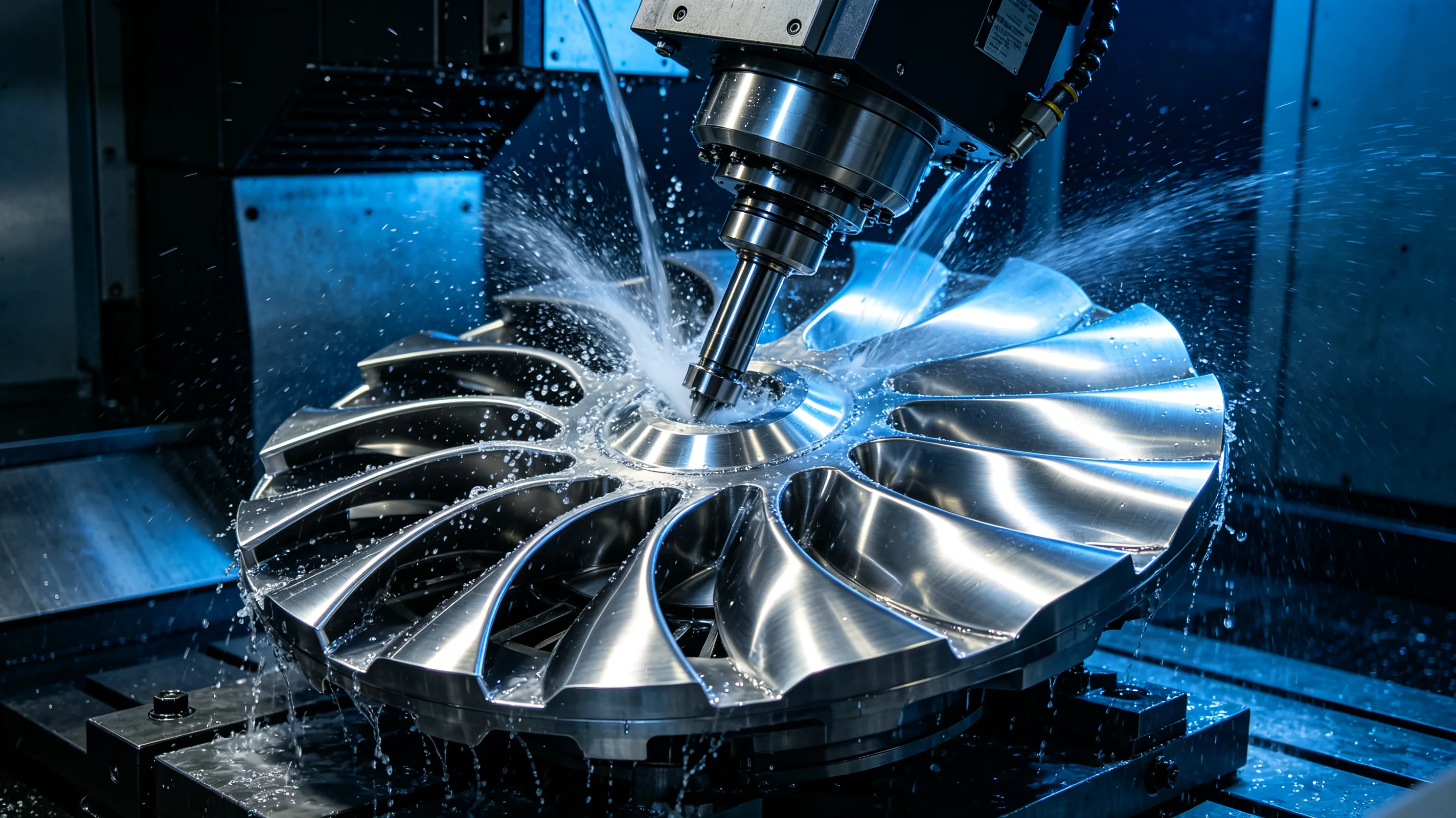 5-axis CNC machine tilting a titanium aerospace component during simultaneous machining