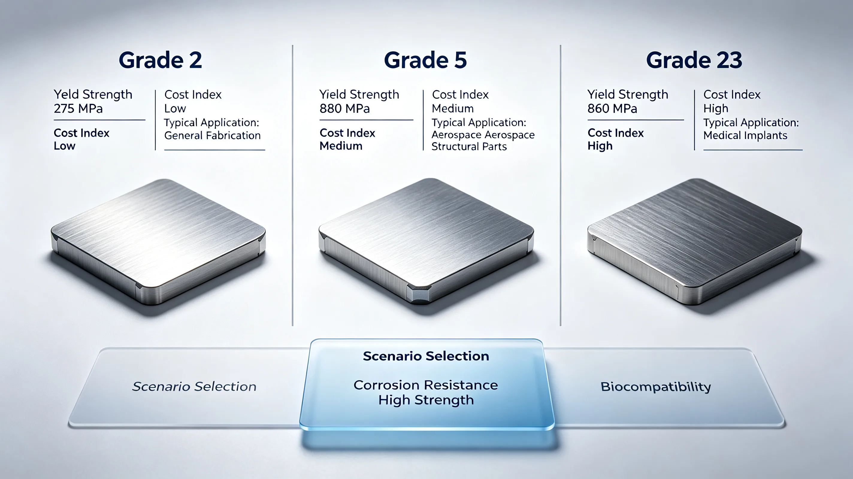 Side-by-side comparison of Grade 2, Grade 5, and Grade 23 titanium stock material