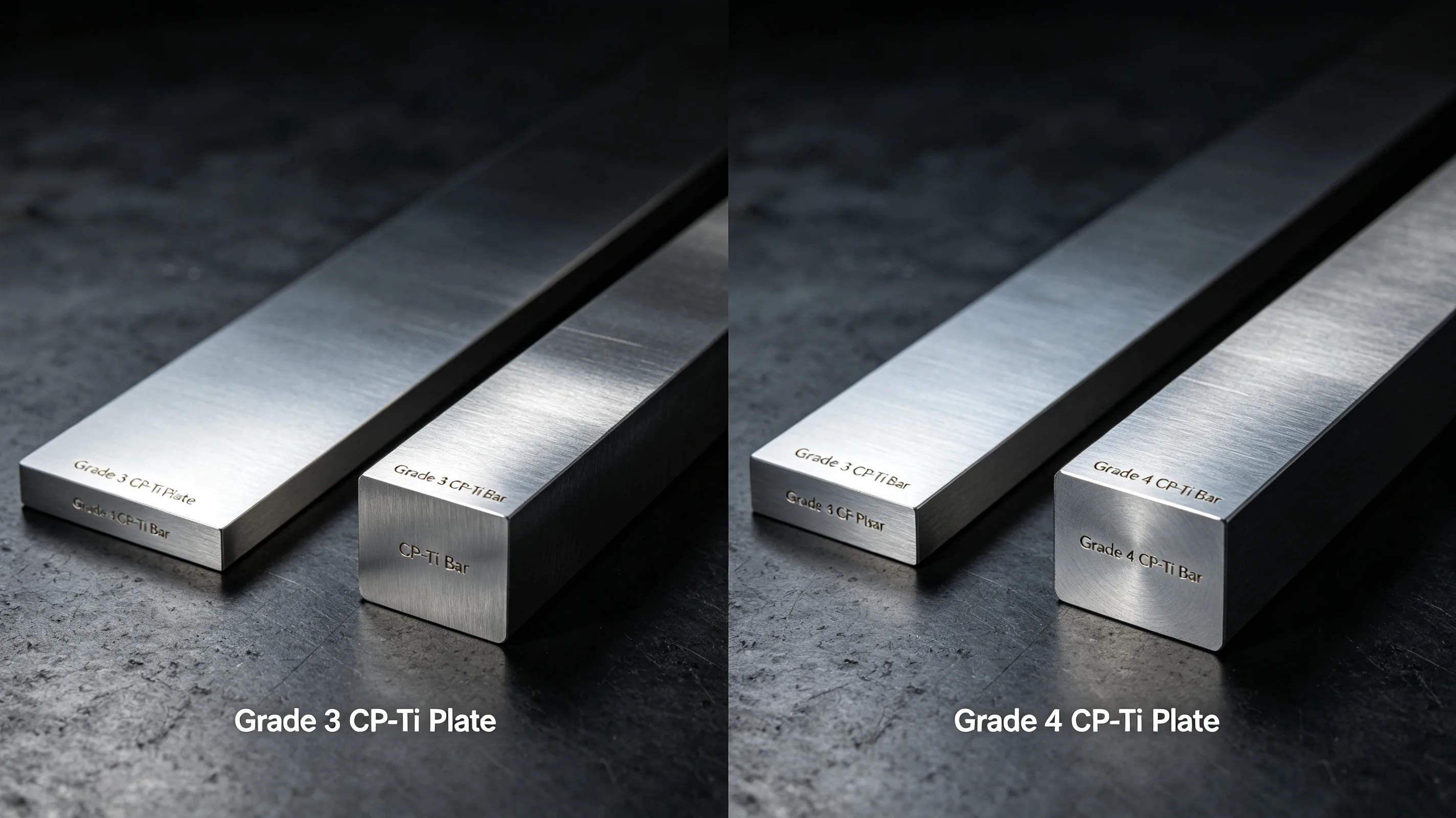 Side-by-side comparison of Grade 3 and Grade 4 titanium stock material