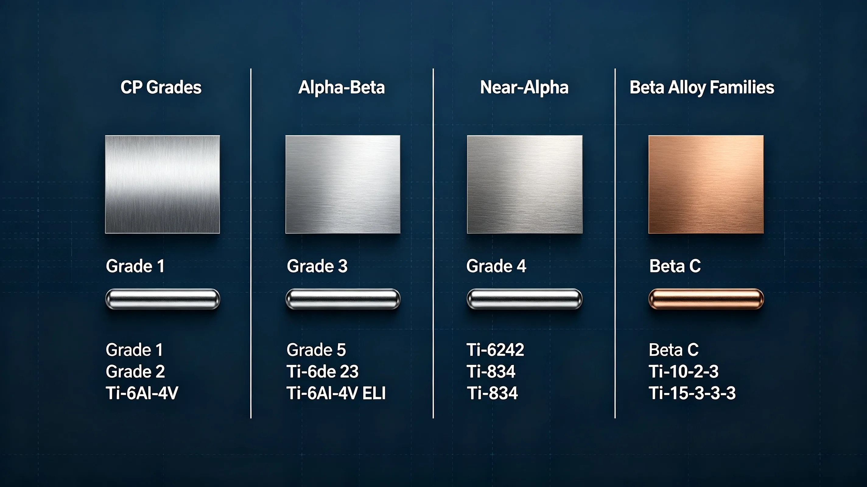 Titanium grade classification chart showing CP, alpha-beta, near-alpha, and beta alloy categories