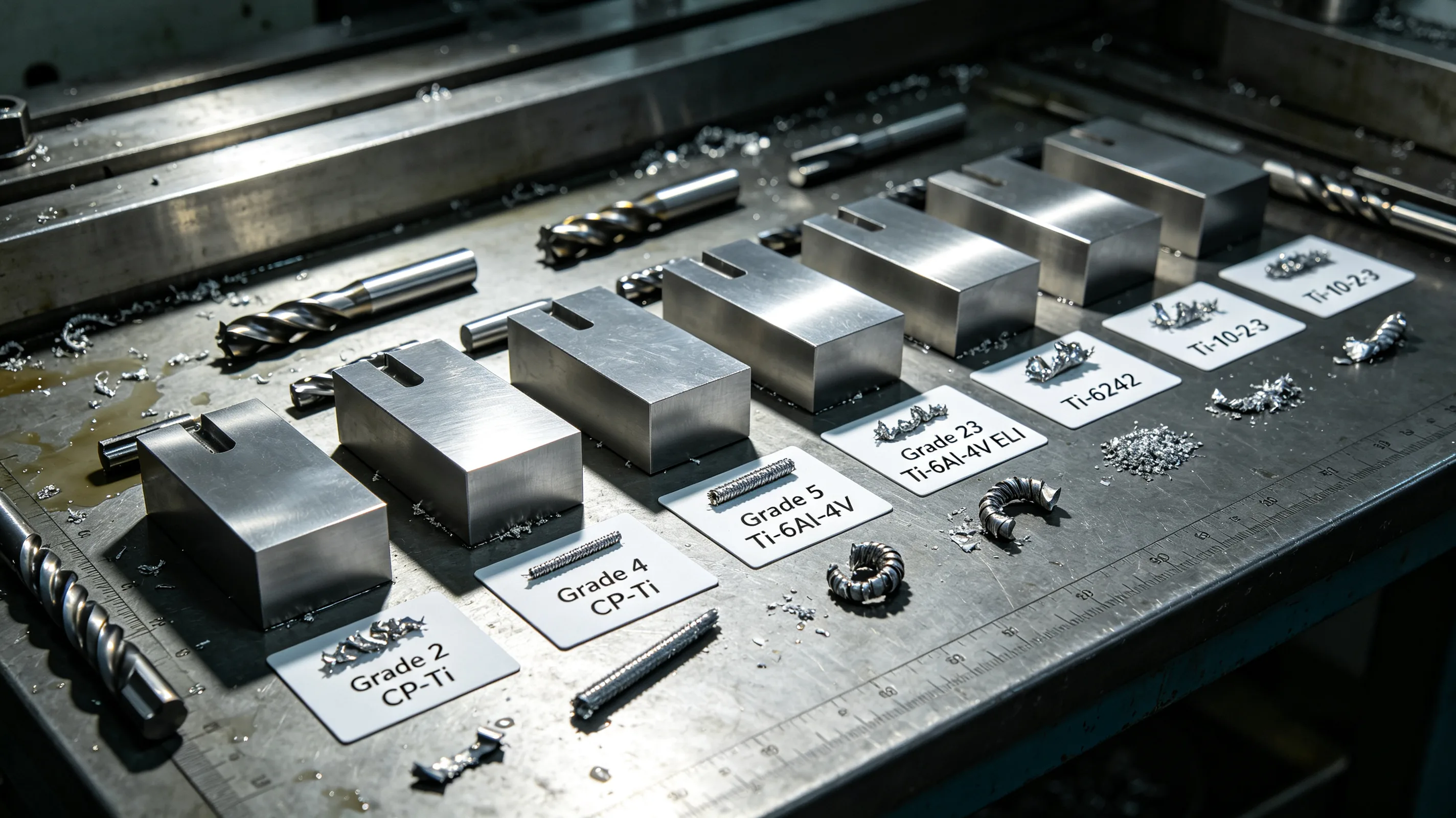 Titanium grade samples arranged for machinability comparison in a manufacturing facility