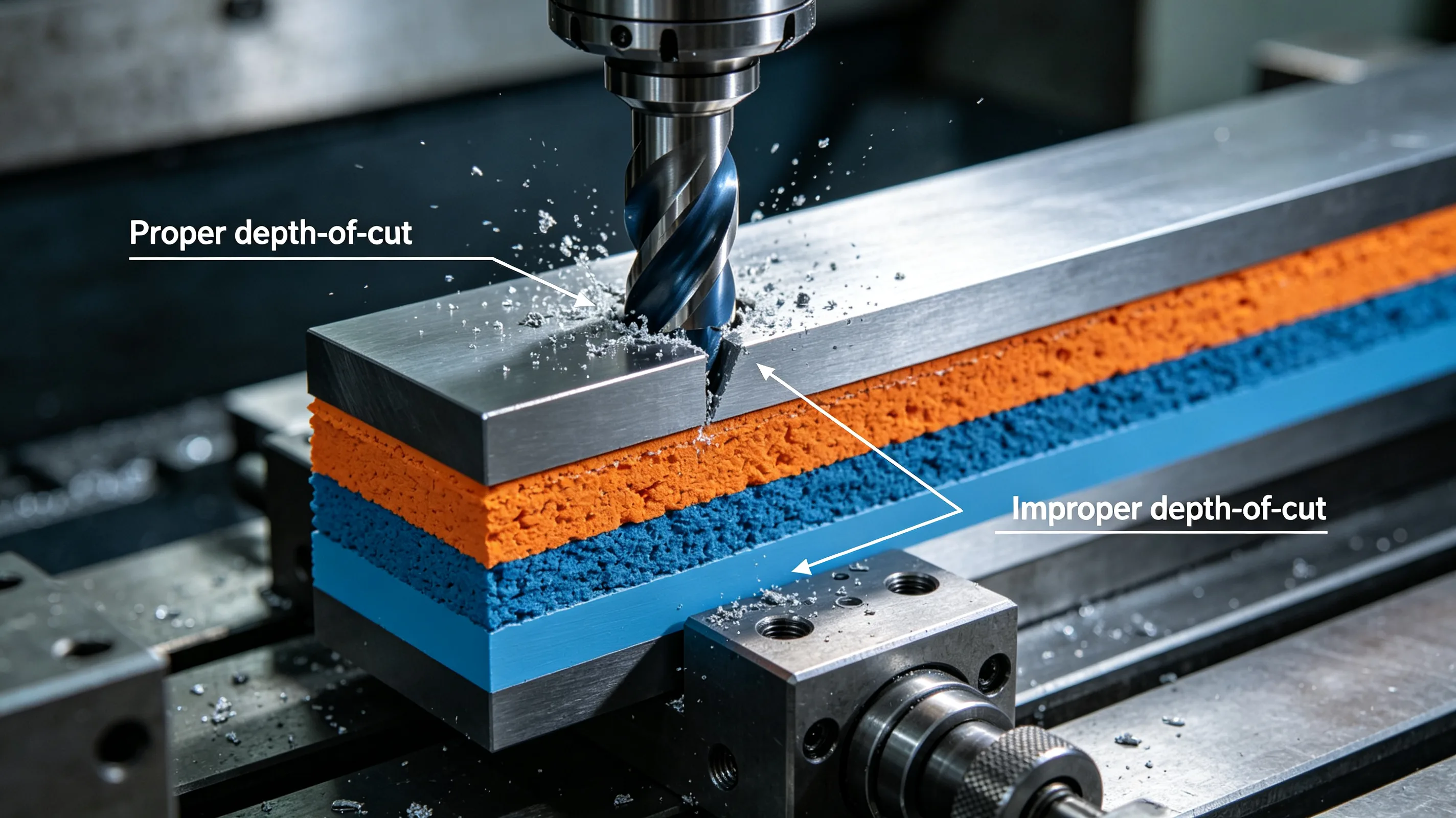 Precision CNC machining of titanium showing cutting tool engagement