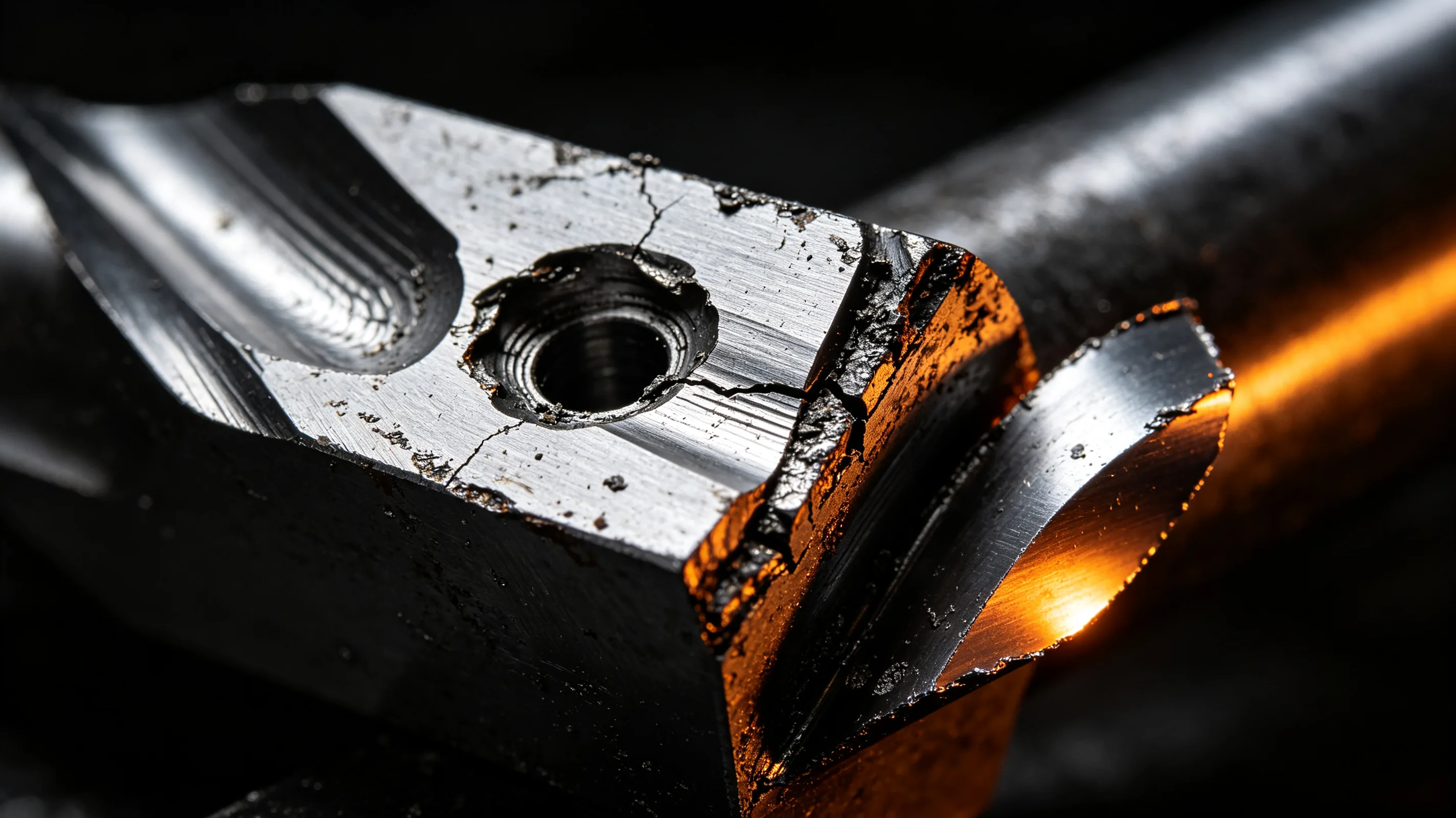 Microscopic view of worn carbide insert after titanium machining showing crater and flank wear