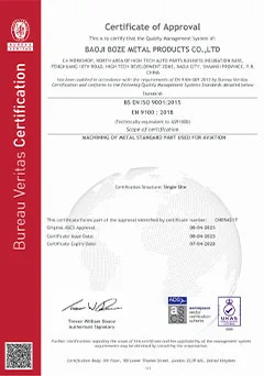 Bureau Veritas certificate of approval CN054217: EN 9100:2018 (AS9100) and ISO 9001:2015 for machining of aviation standard parts, issued 2025-04-08, expires 2028-04-07